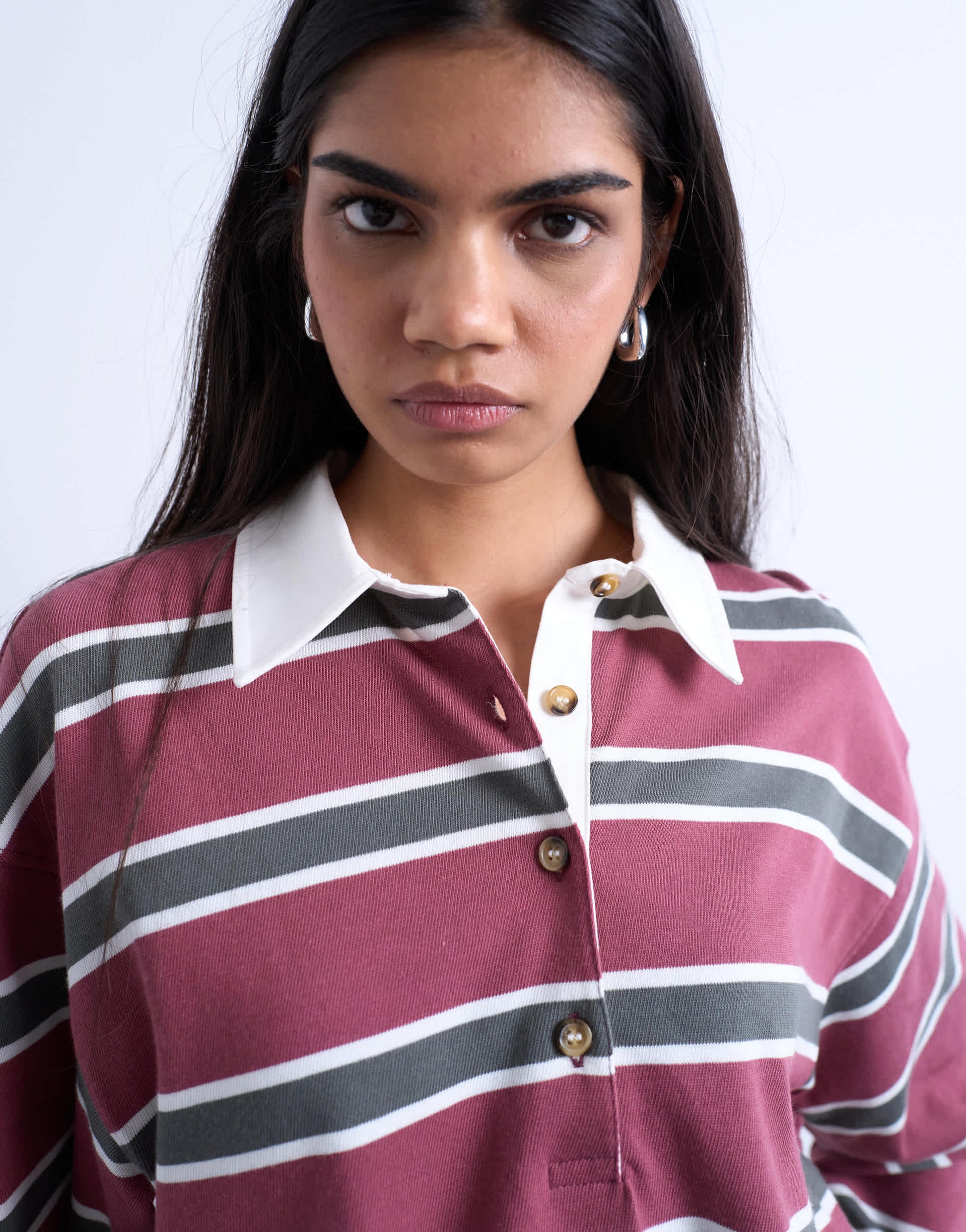 Topshop jersey stripe rugby long sleeve polo in burgundy