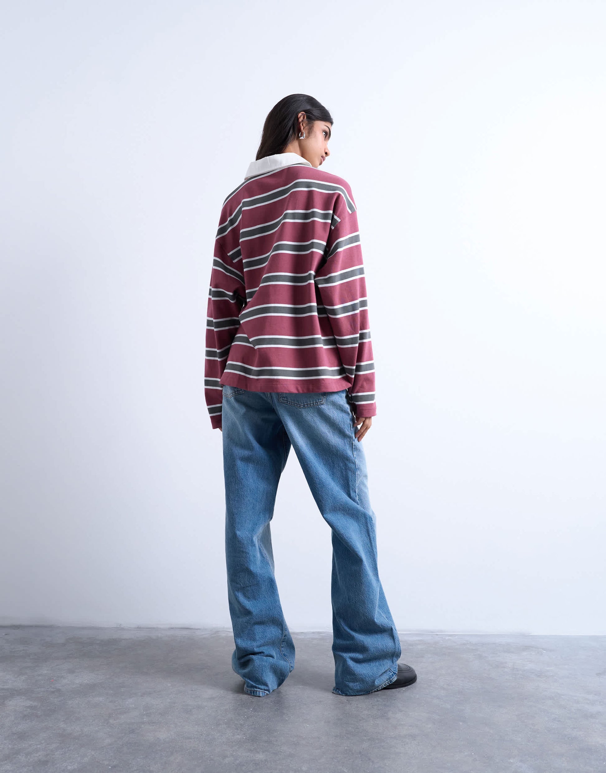 Topshop jersey stripe rugby long sleeve polo in burgundy