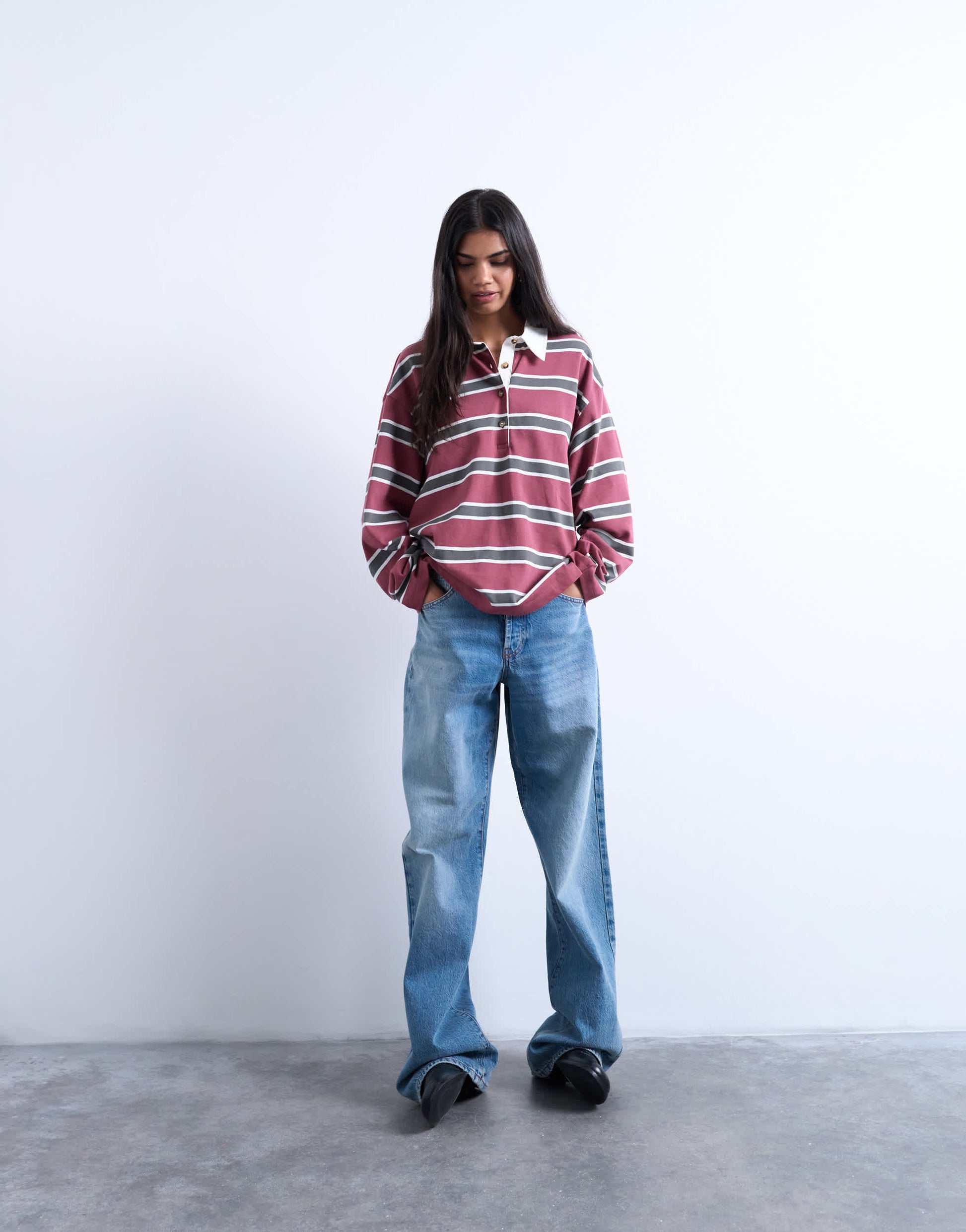 Topshop jersey stripe rugby long sleeve polo in burgundy