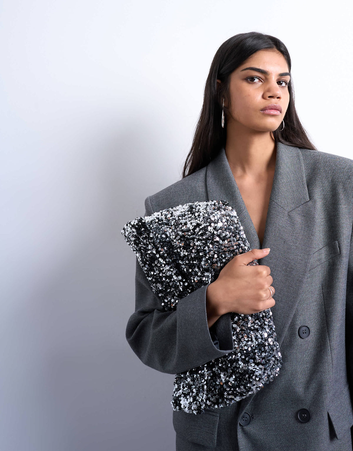 Topshop Georgia large folded clutch grab sequin bag in silver