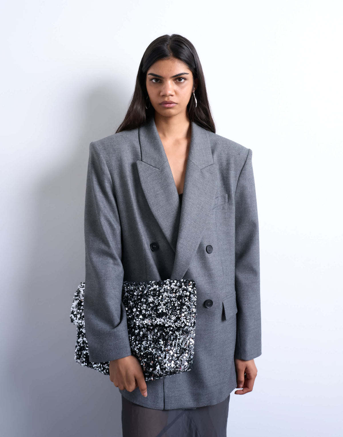 Topshop Georgia large folded clutch grab sequin bag in silver