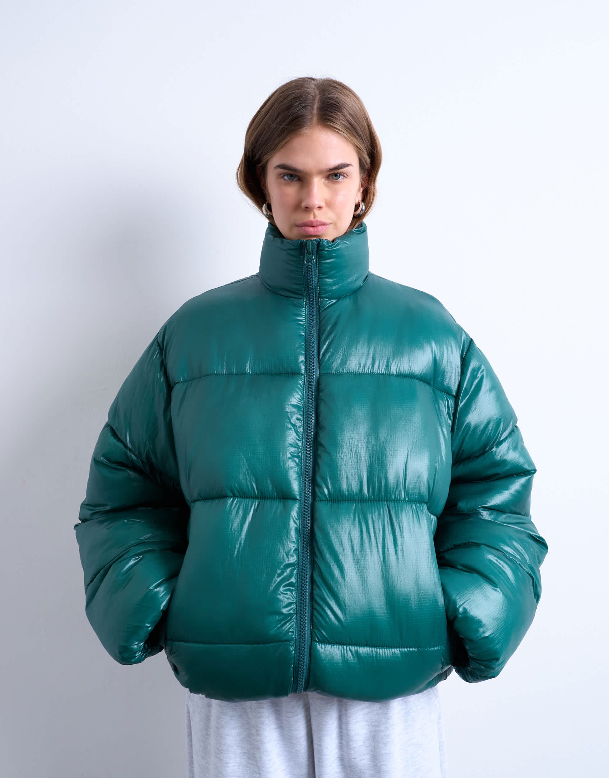 Topshop Steppjacke mit hohem Glanz, mittellang, Stehkragen und Türkis