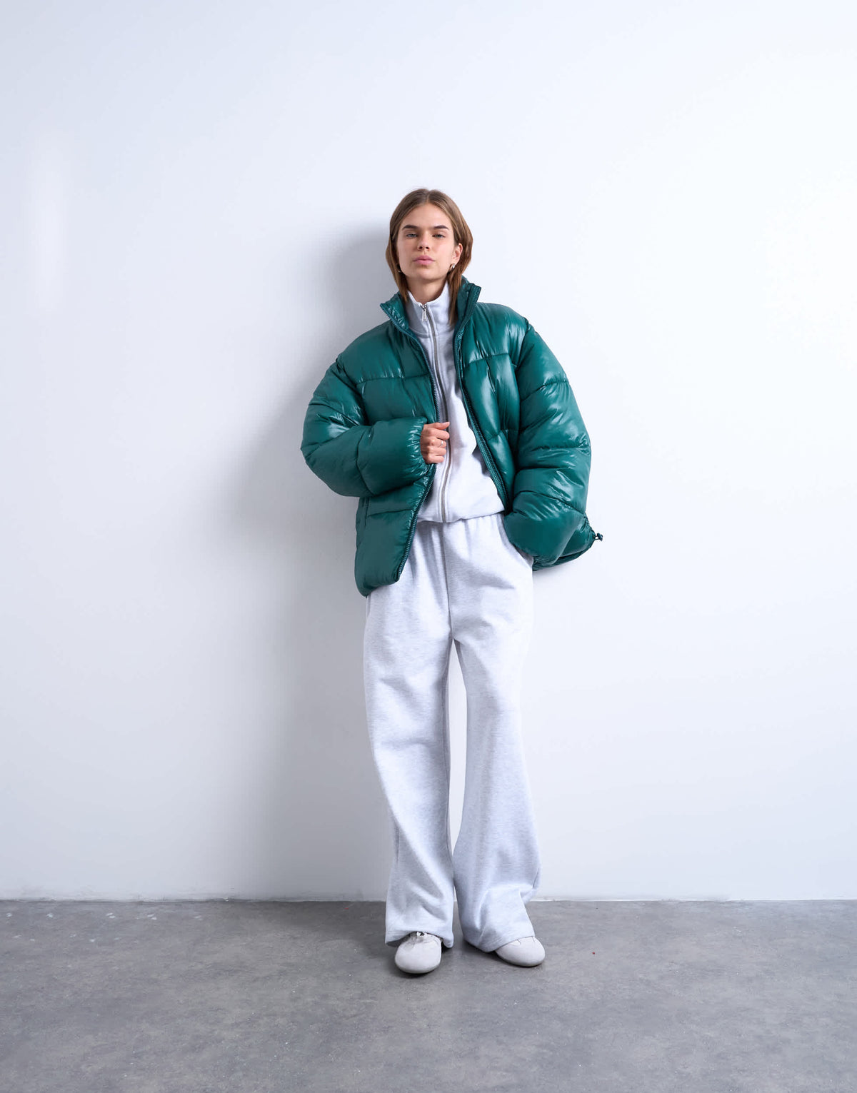 Topshop high shine mid length funnel neck puffer jacket in teal