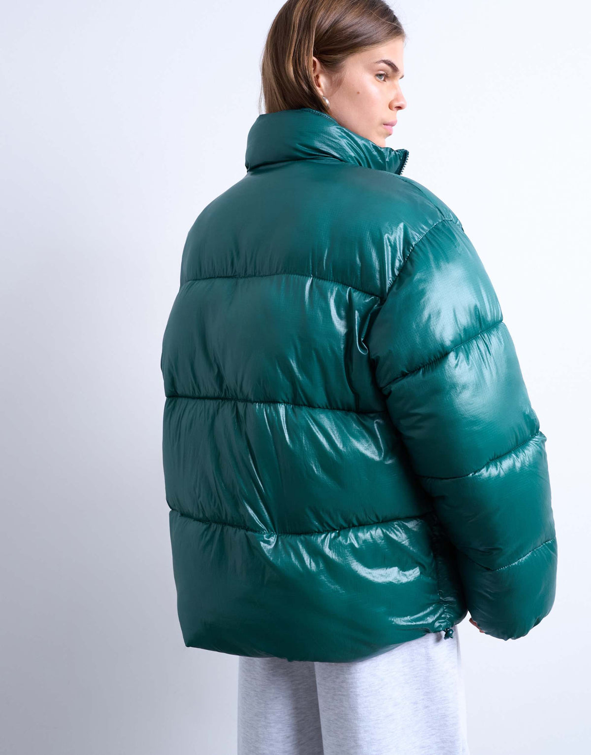 Topshop high shine mid length funnel neck puffer jacket in teal