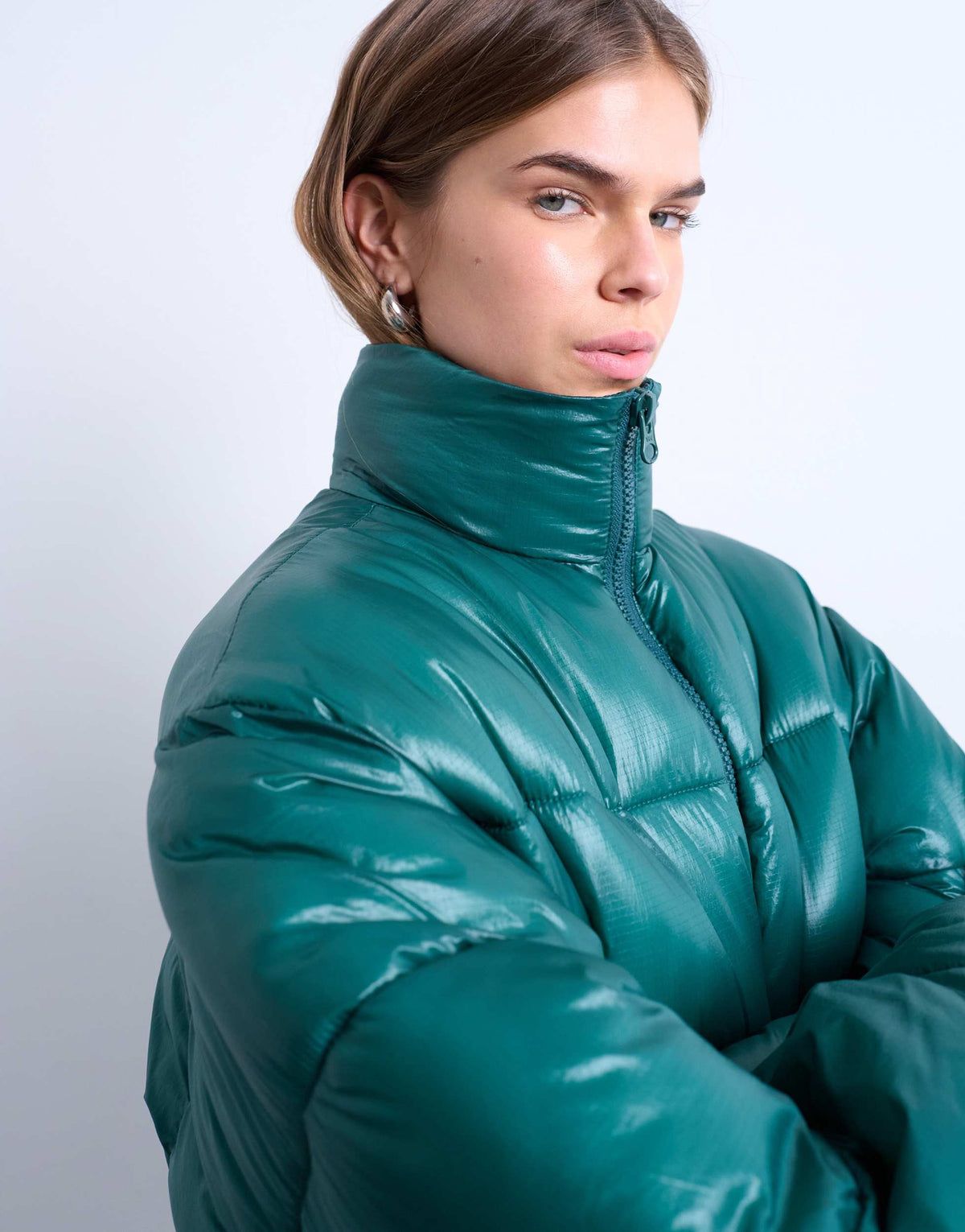 Topshop high shine mid length funnel neck puffer jacket in teal