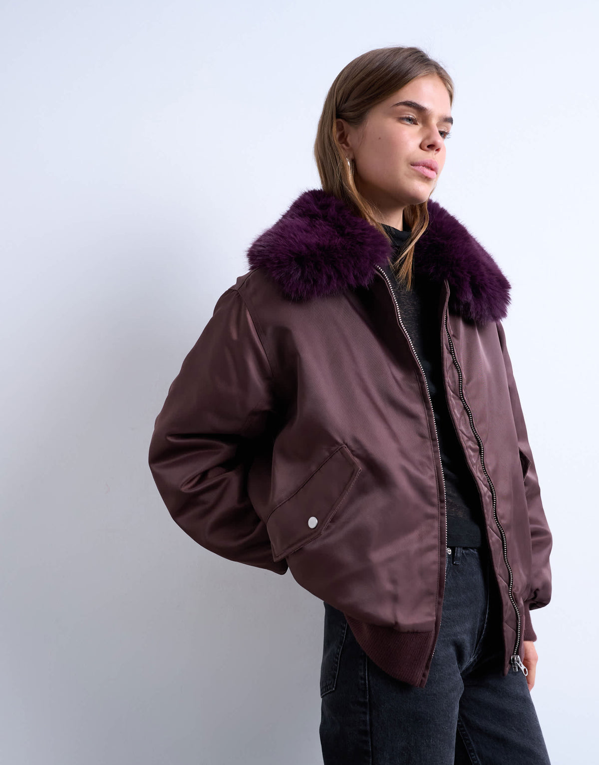Topshop nylon bomber jacket with faux fur collar in red
