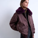 Blouson bomber Topshop en nylon rouge avec col en fausse fourrure