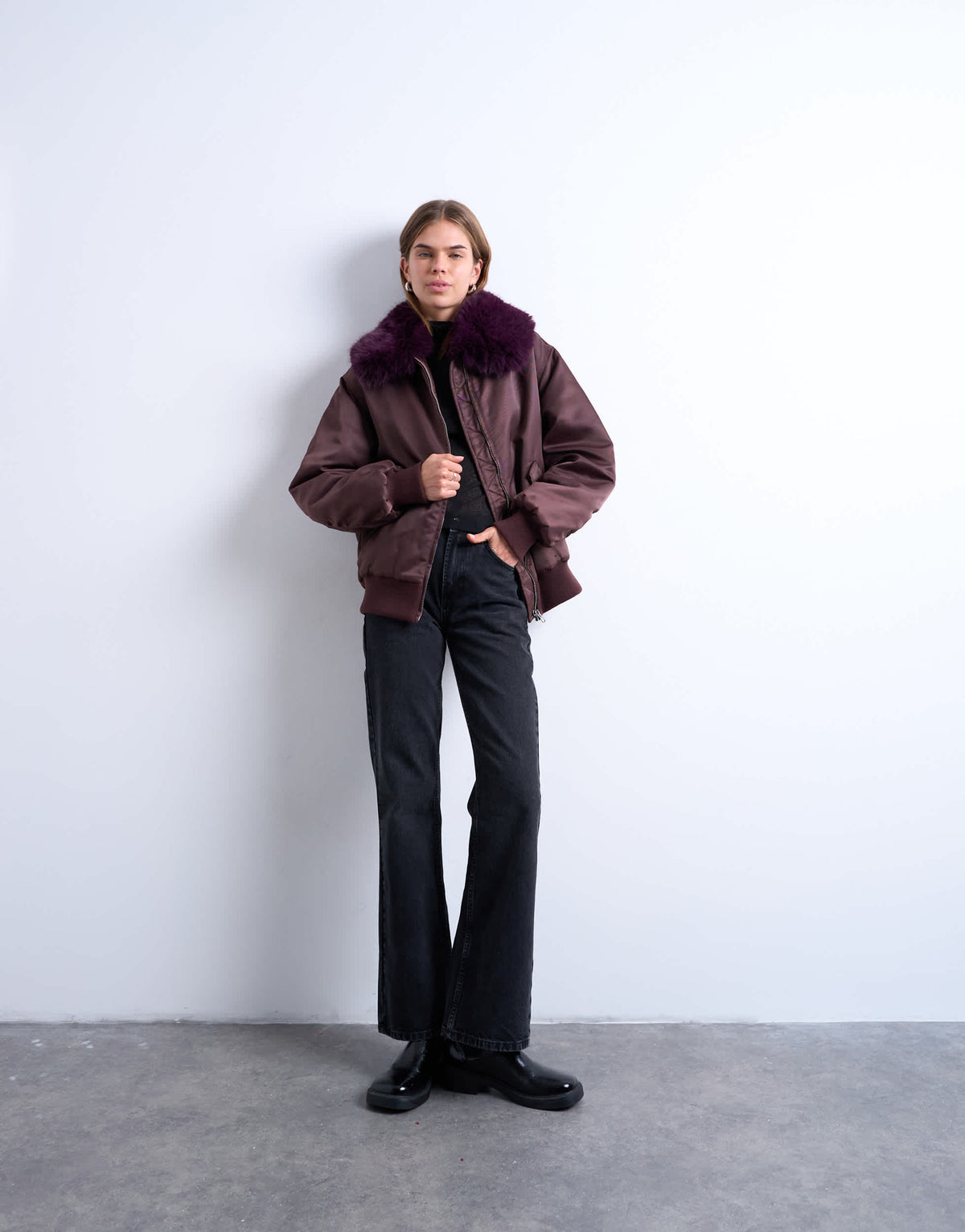 Topshop nylon bomber jacket with faux fur collar in red