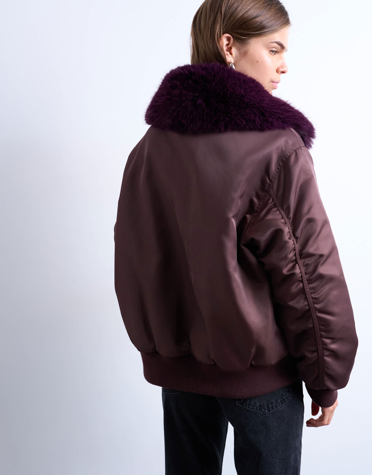 Topshop nylon bomber jacket with faux fur collar in red