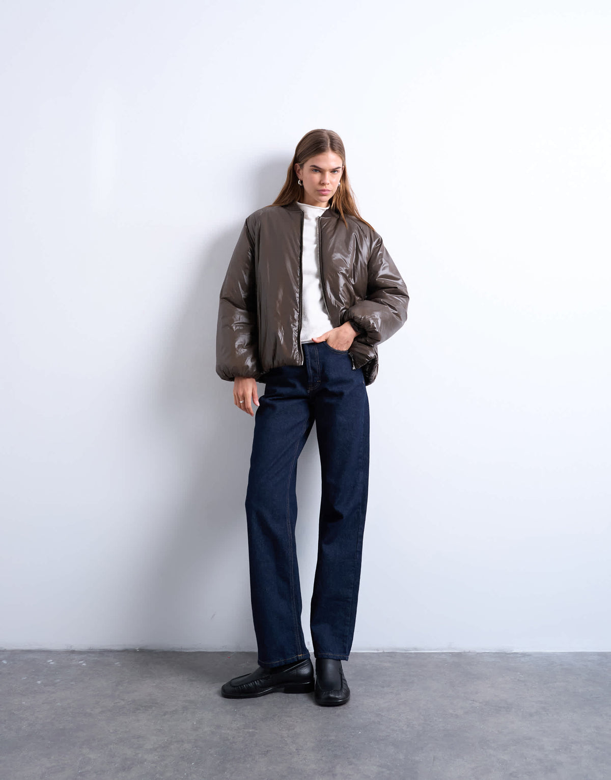 Topshop high shine padded bomber jacket in chocolate