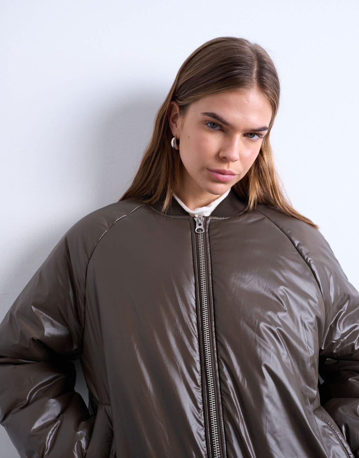 Topshop high shine padded bomber jacket in chocolate