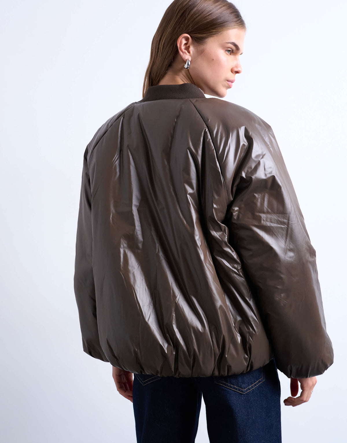 Topshop high shine padded bomber jacket in chocolate