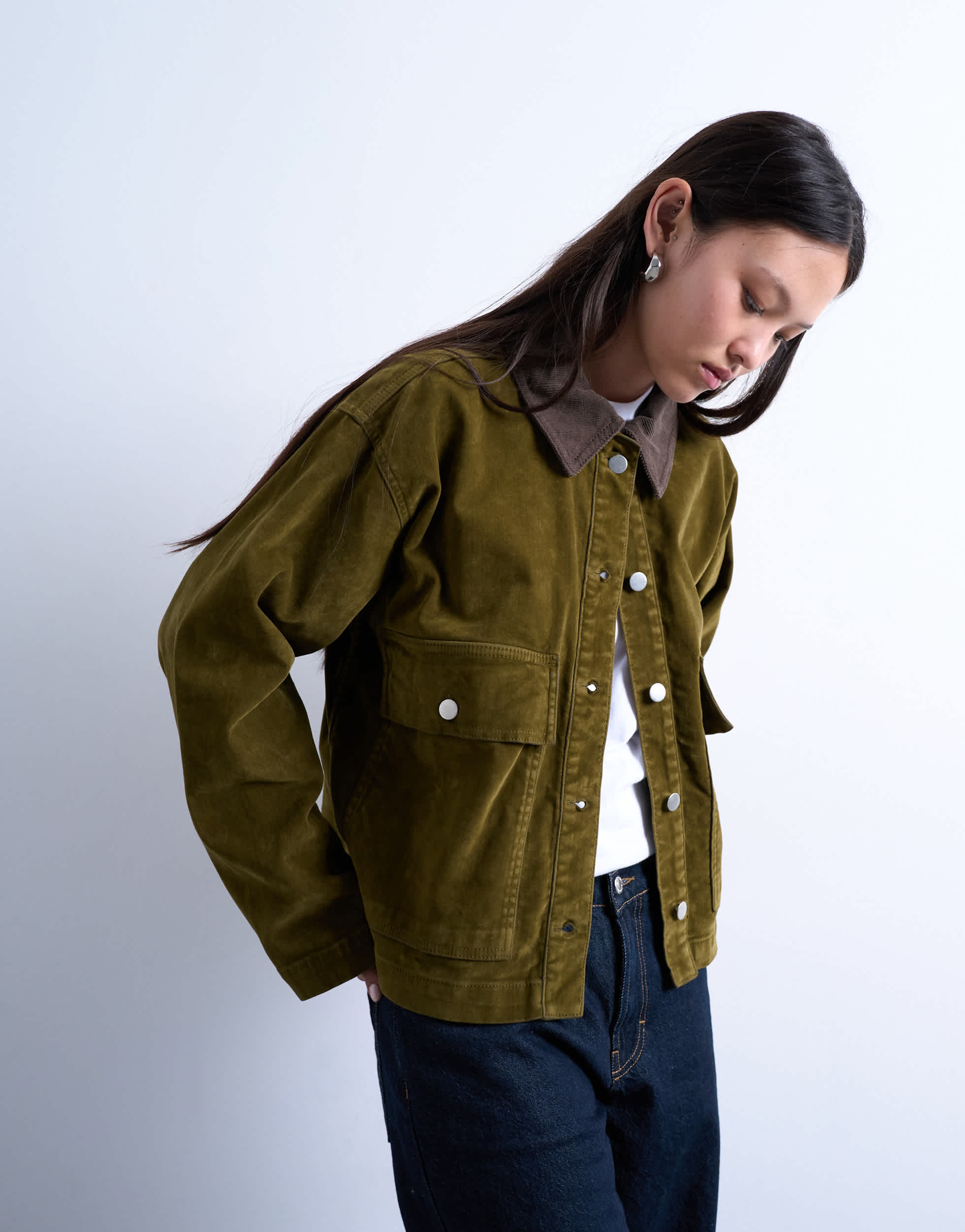 Topshop Cordjacke mit kontrastierendem Cordkragen in Khaki