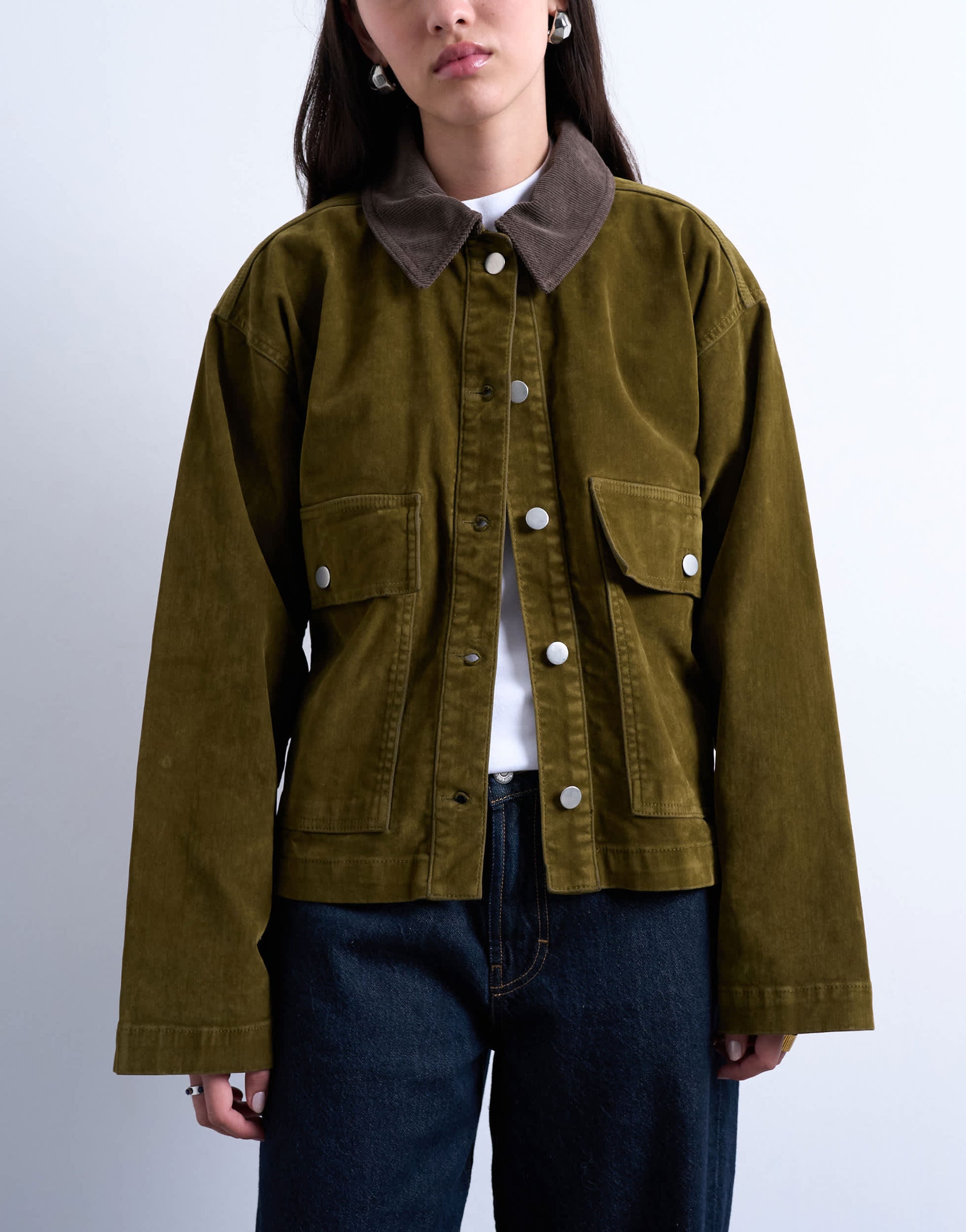 Topshop co ord cut cord jacket with contrast cord collar in khaki