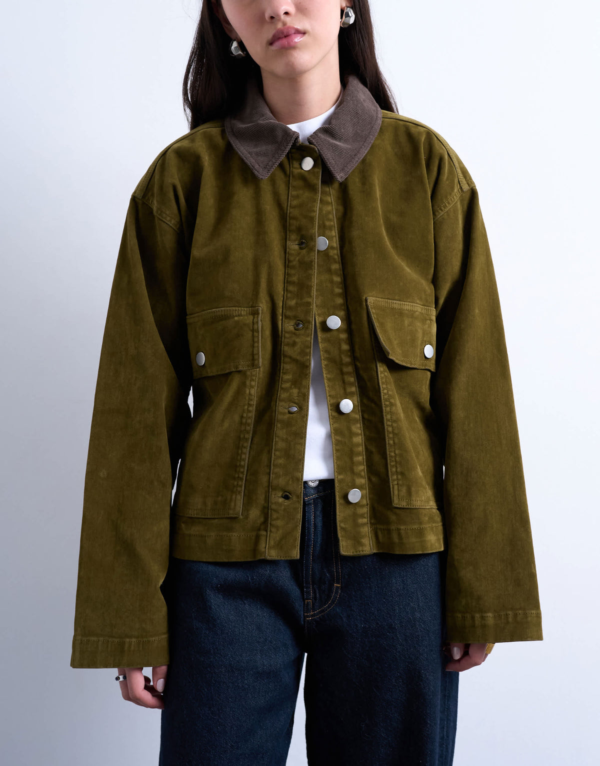 Topshop co ord cut cord jacket with contrast cord collar in khaki