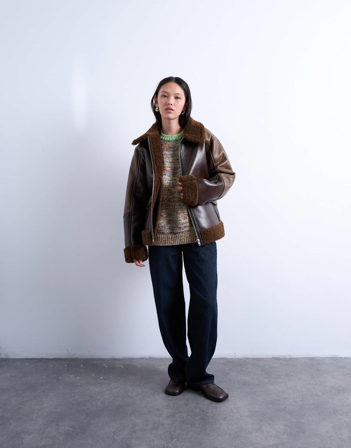Topshop shearling patchwork faux leather jacket in brown