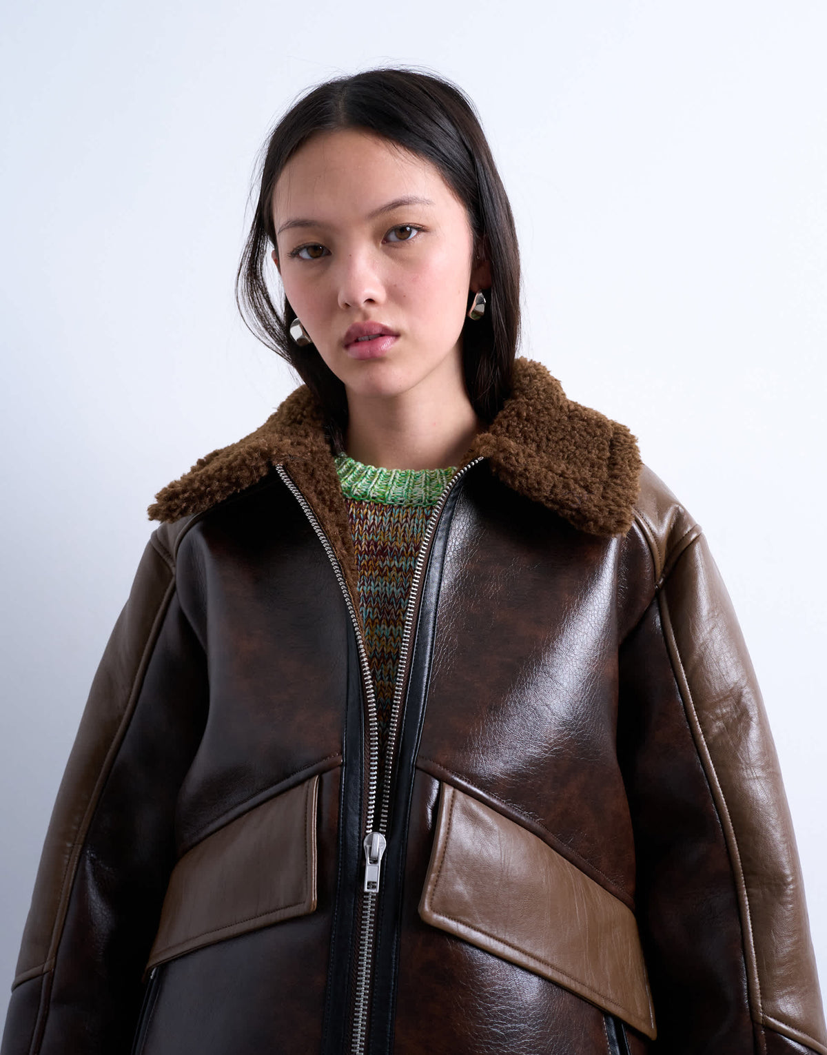 Topshop shearling patchwork faux leather jacket in brown