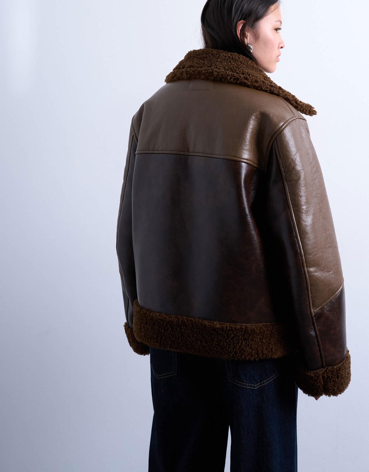 Topshop shearling patchwork faux leather jacket in brown