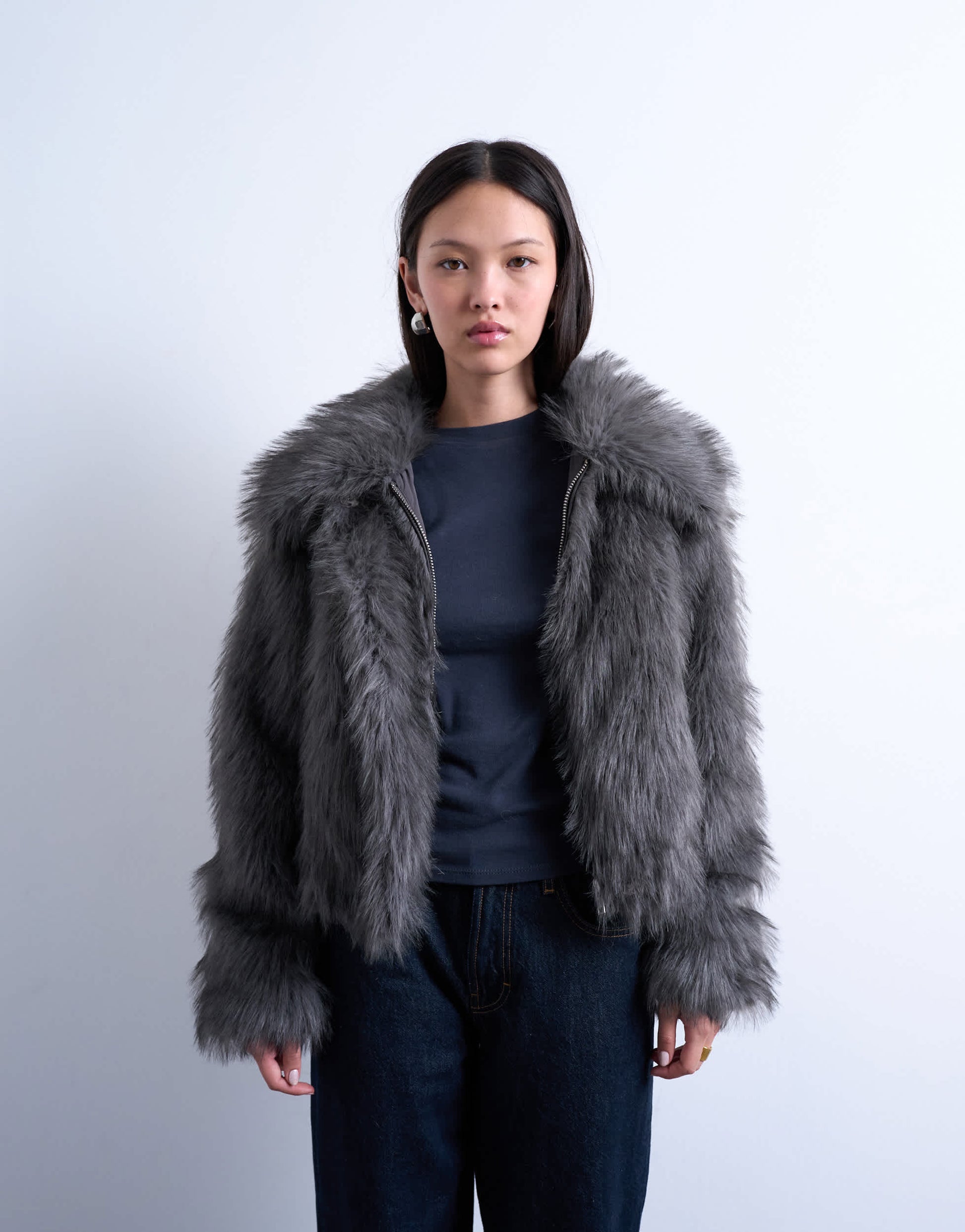 Topshop faux fur zip thru bomber jacket in grey