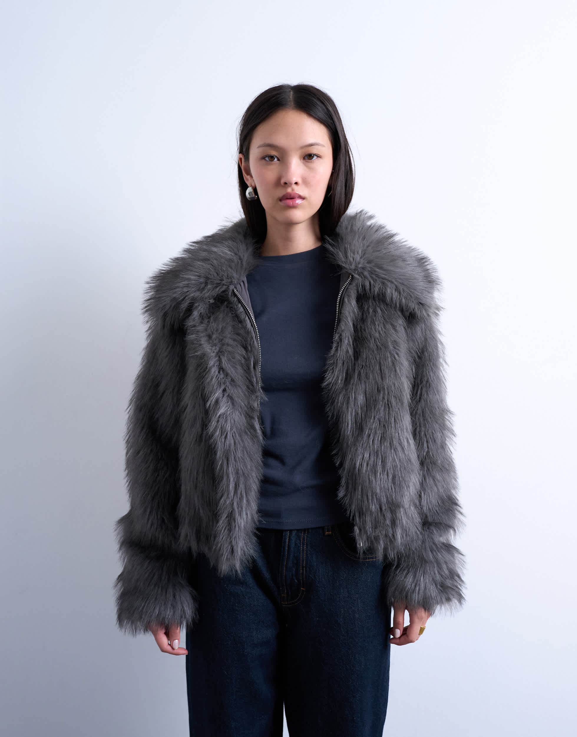 Topshop faux fur zip thru bomber jacket in grey