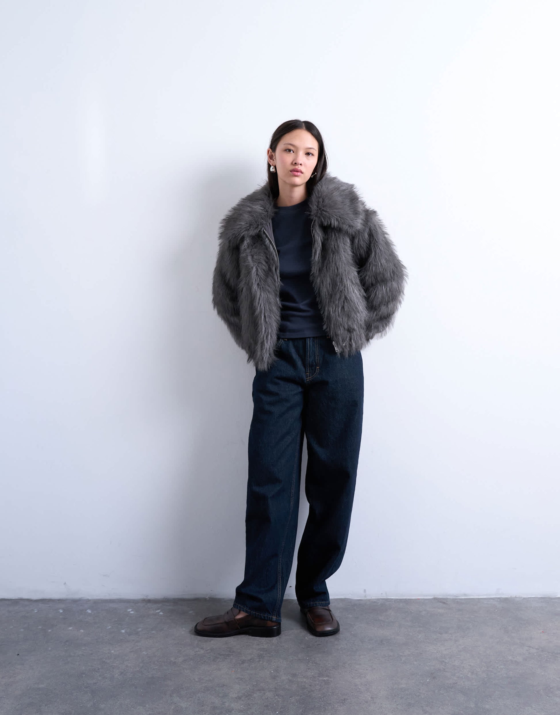 Topshop faux fur zip thru bomber jacket in grey