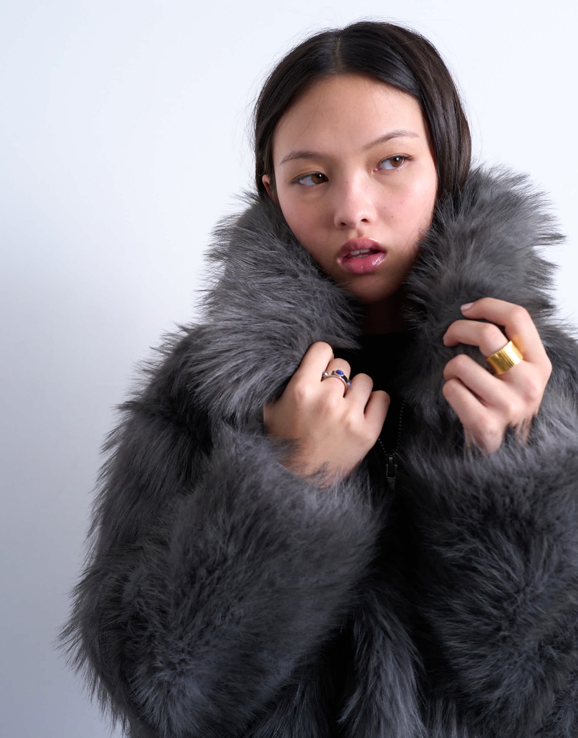 Topshop faux fur zip thru bomber jacket in grey