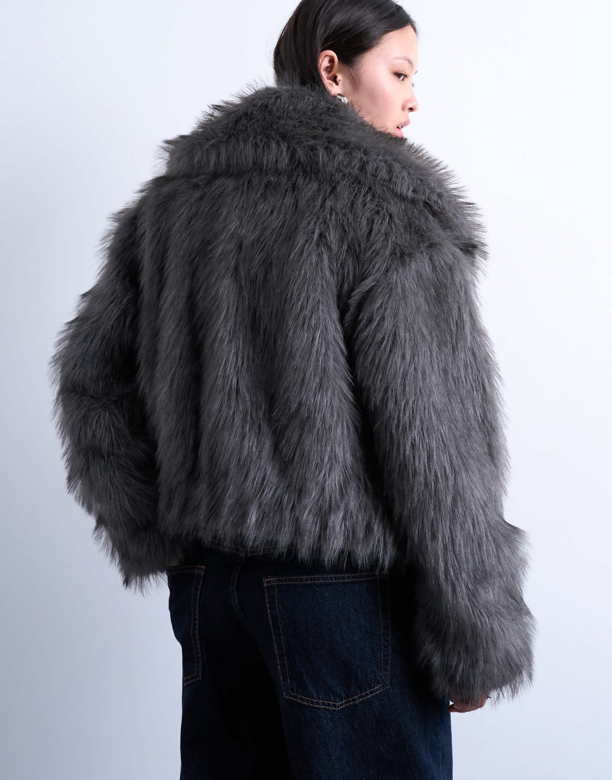 Topshop faux fur zip thru bomber jacket in grey