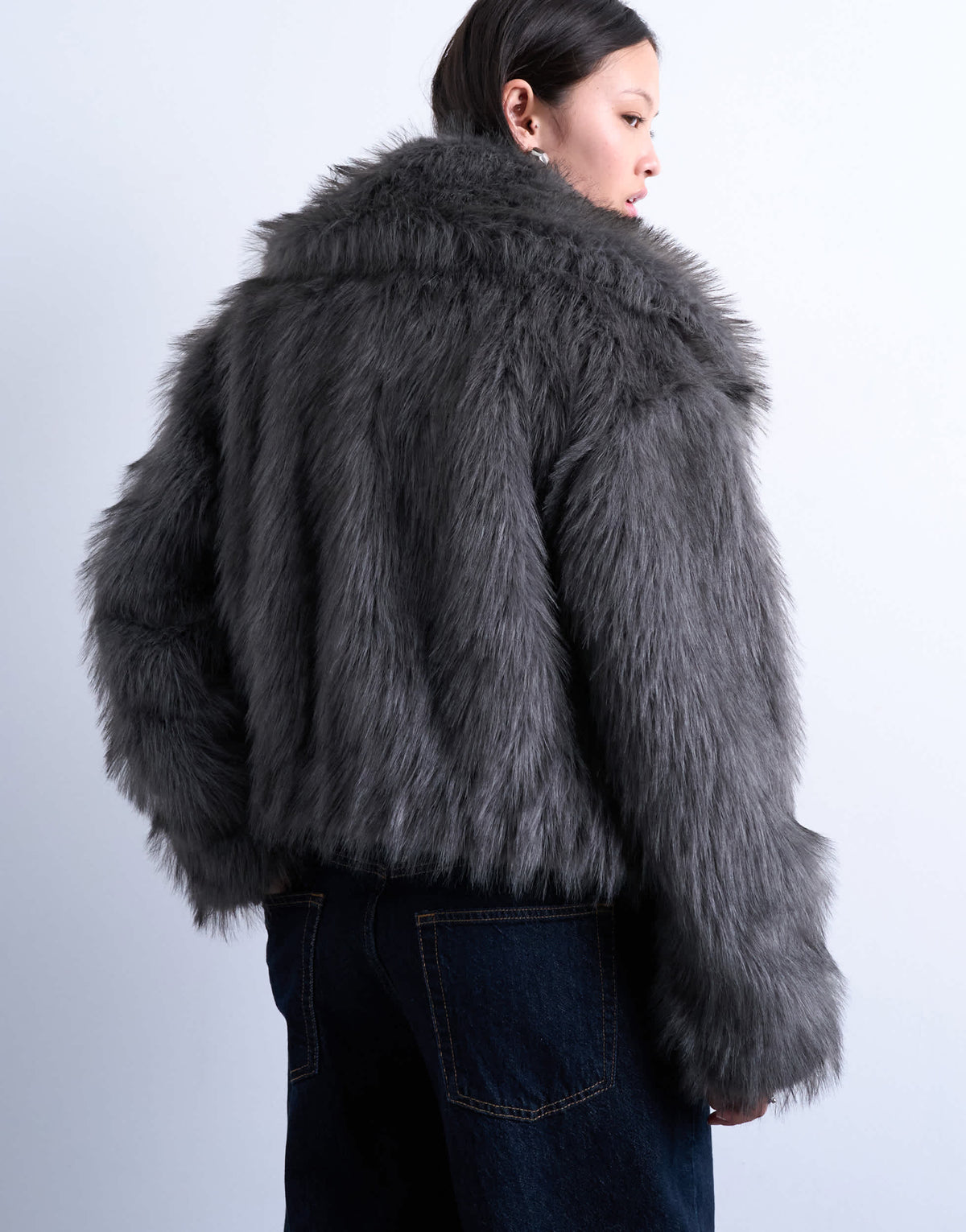 Topshop faux fur zip thru bomber jacket in grey