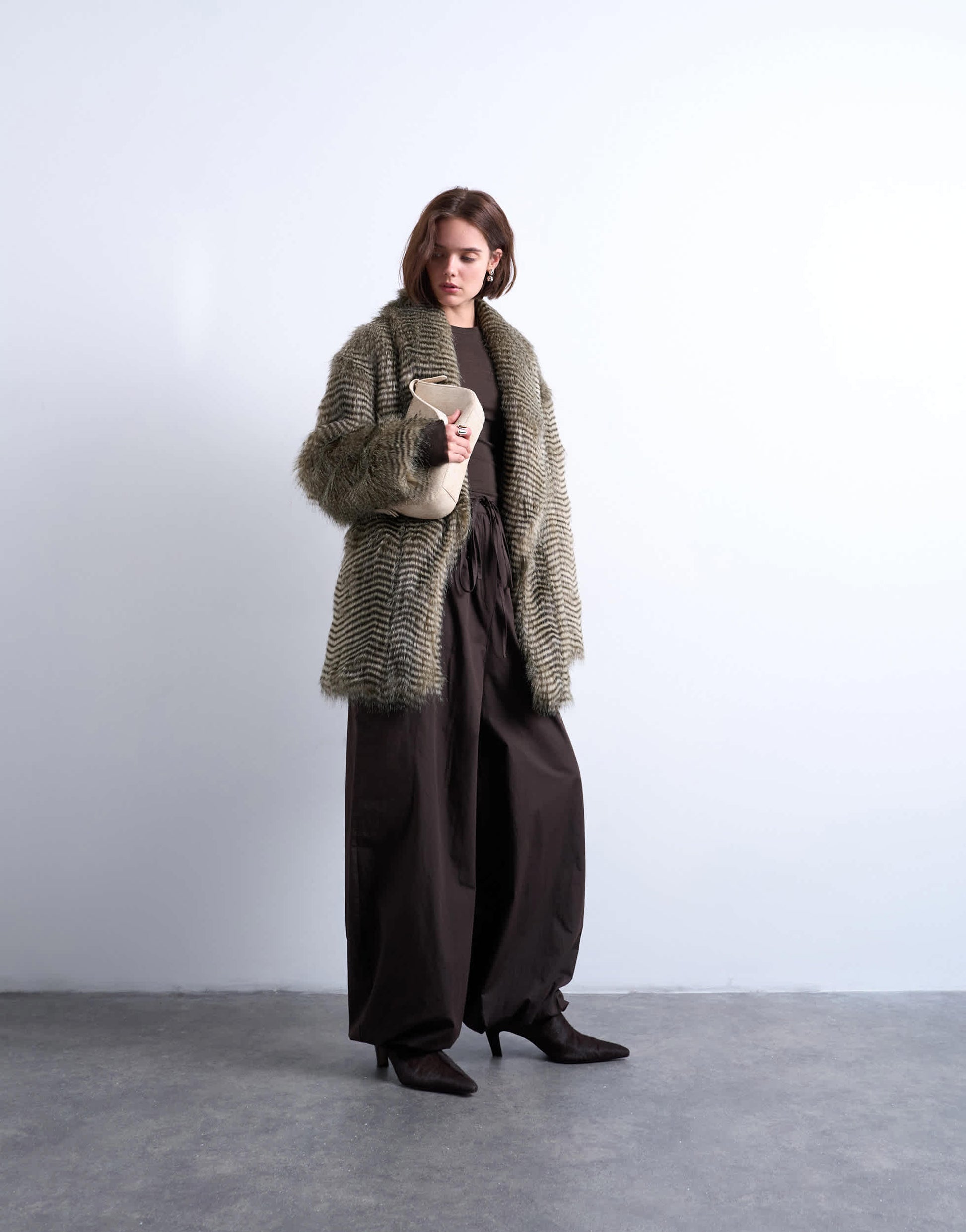 Topshop faux mono stripe shawl mid length coat in black