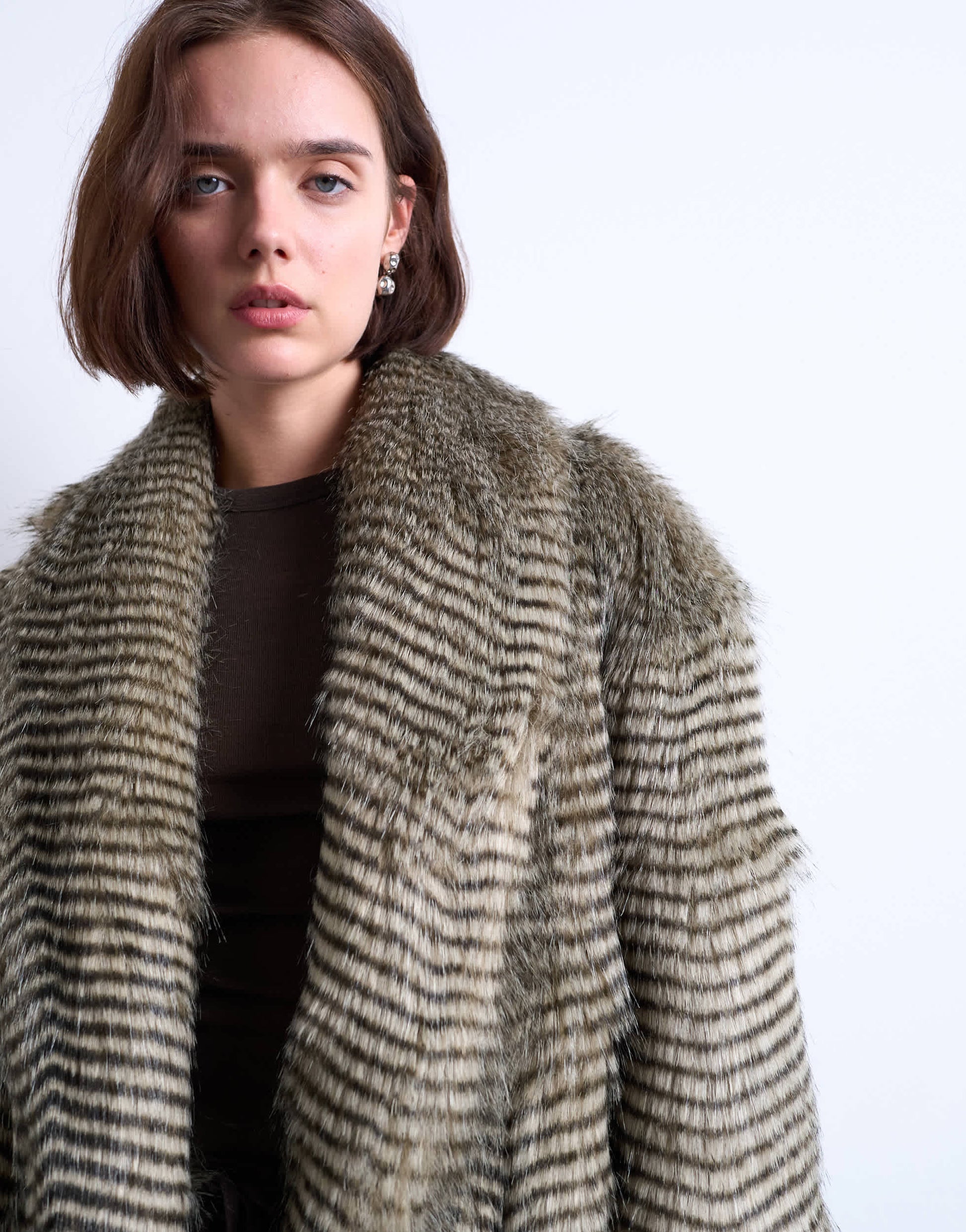 Topshop faux mono stripe shawl mid length coat in black