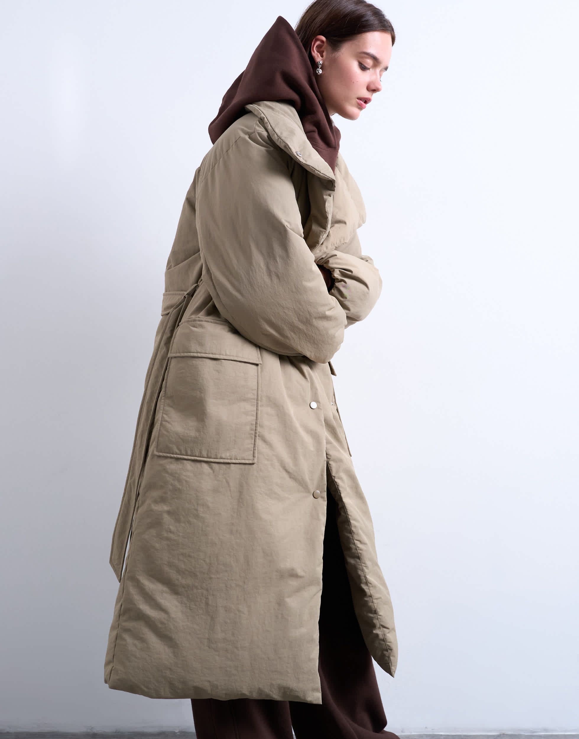 Topshop funnel neck longline belted puffer jacket in stone