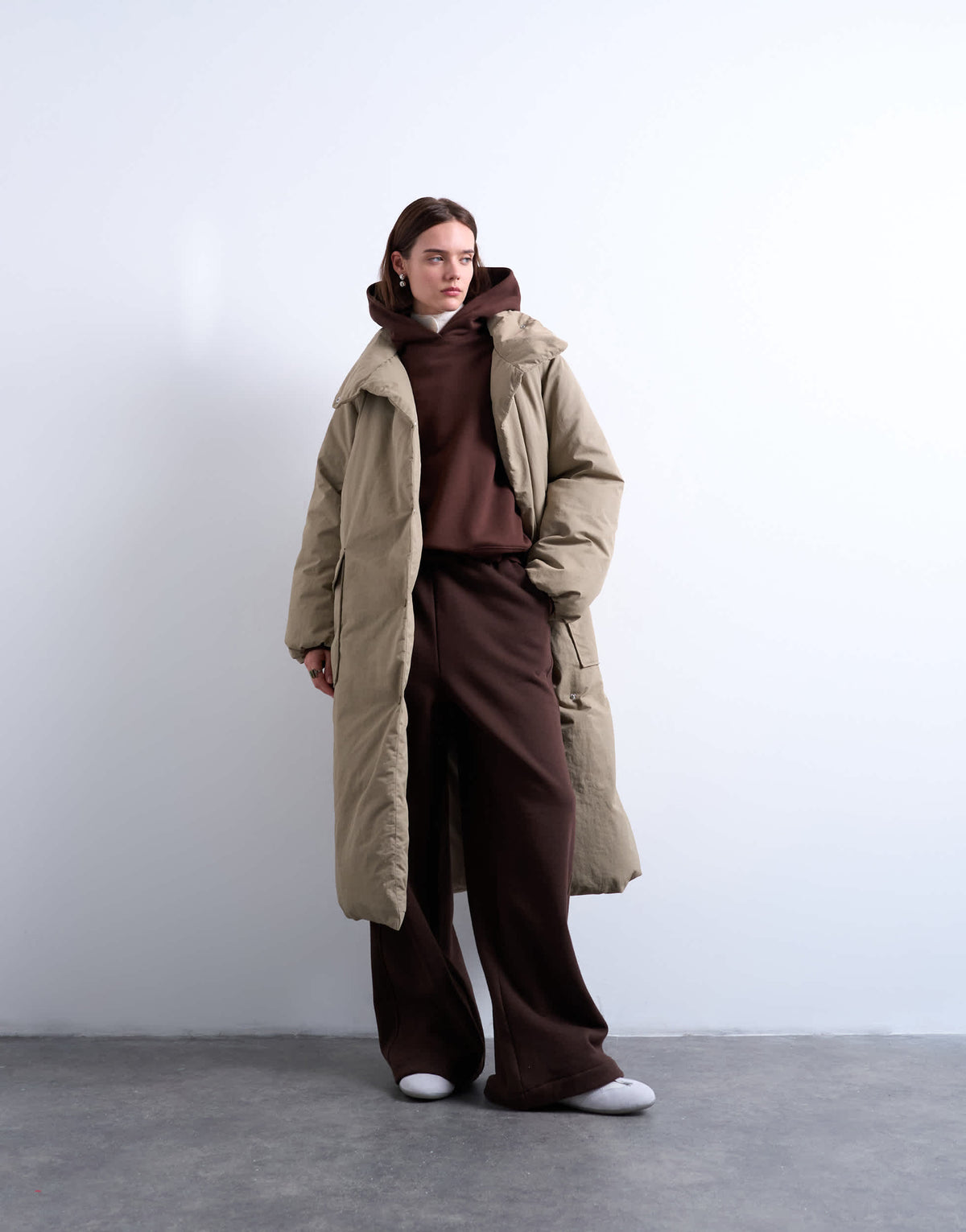 Topshop funnel neck longline belted puffer jacket in stone