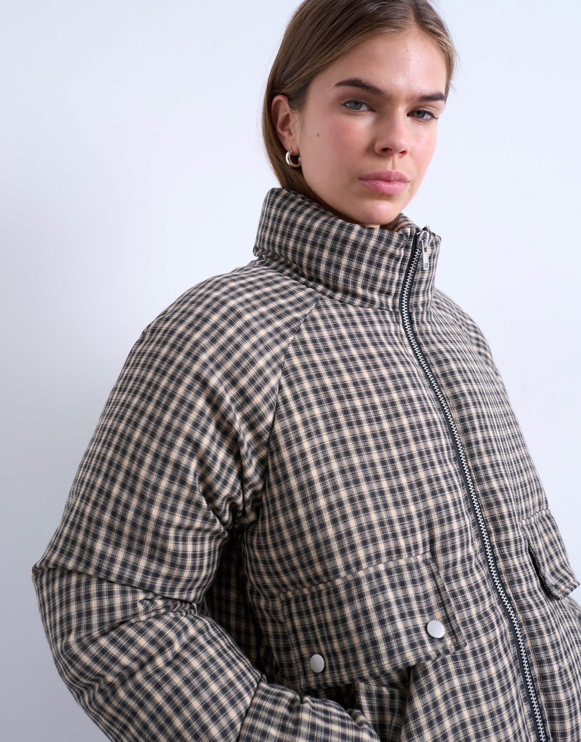 Topshop micro check funnel neck puffer jacket in black