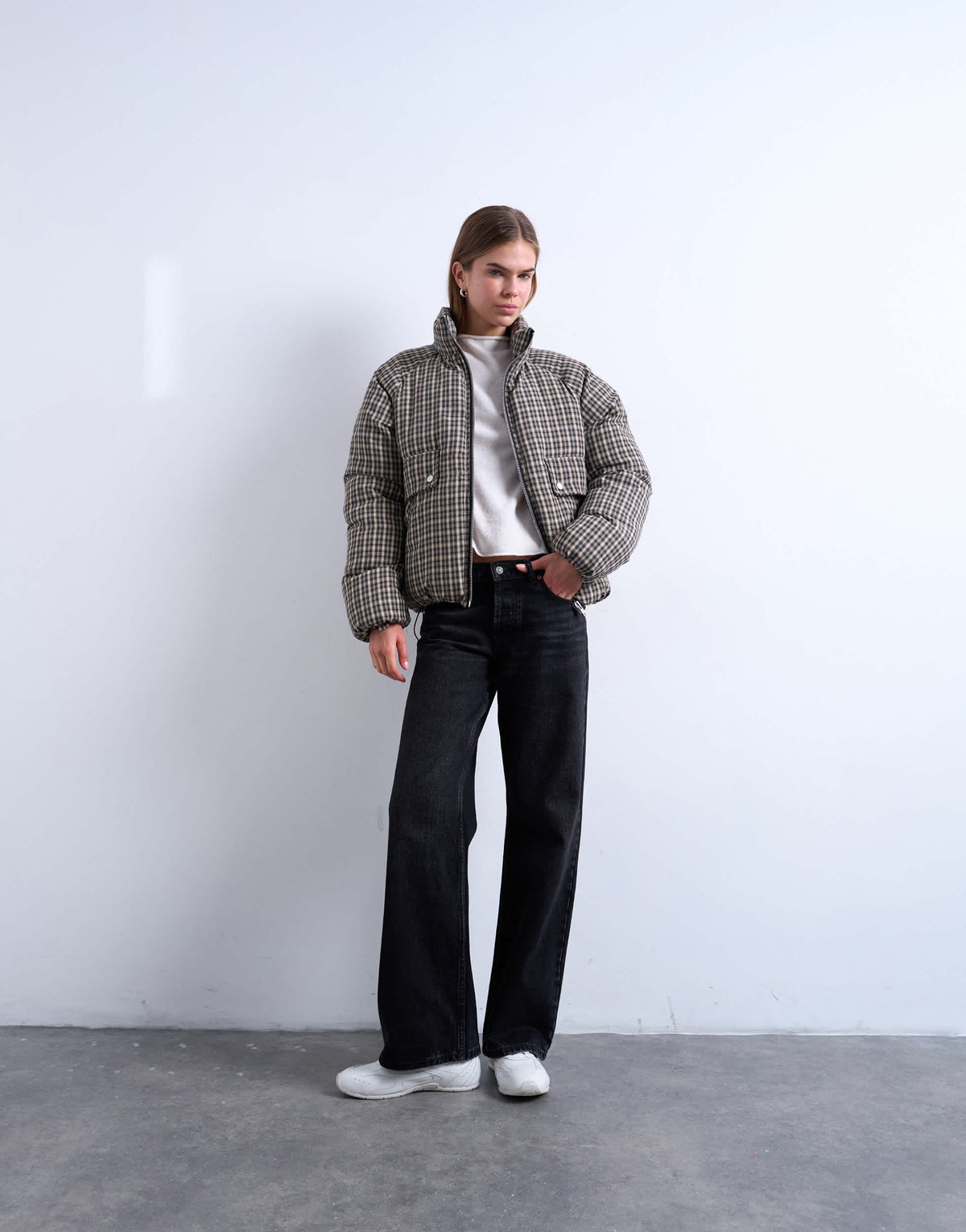 Topshop micro check funnel neck puffer jacket in black