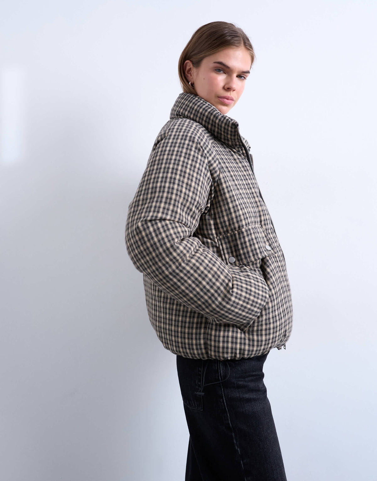 Topshop micro check funnel neck puffer jacket in black