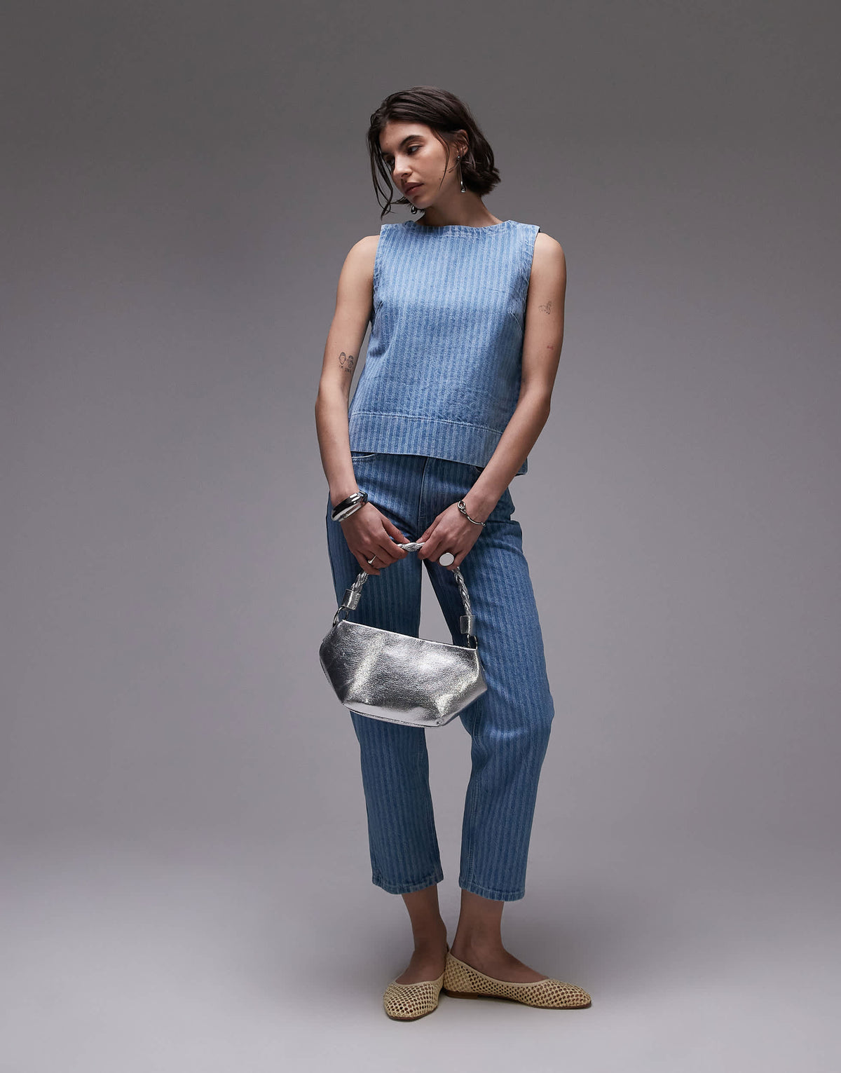 Topshop denim shell top in bleach stripe