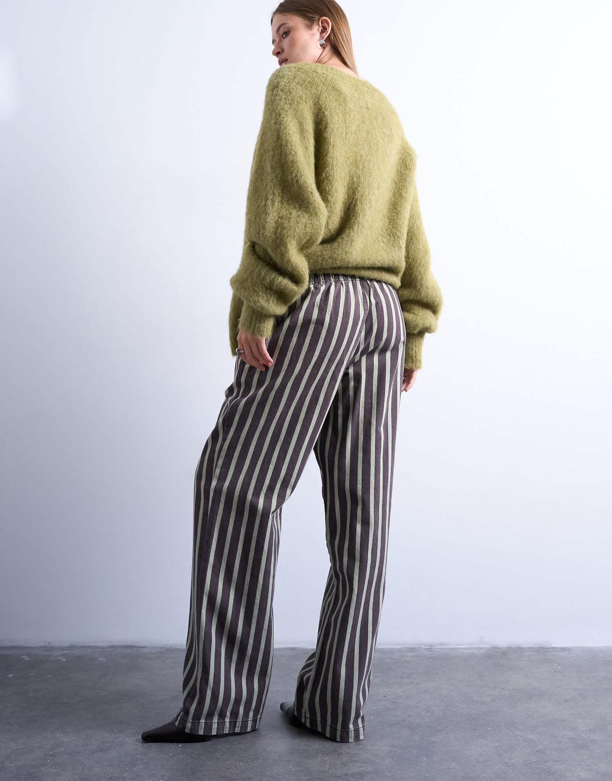 Topshop wide stripe pull on straight leg trouser in green and brown