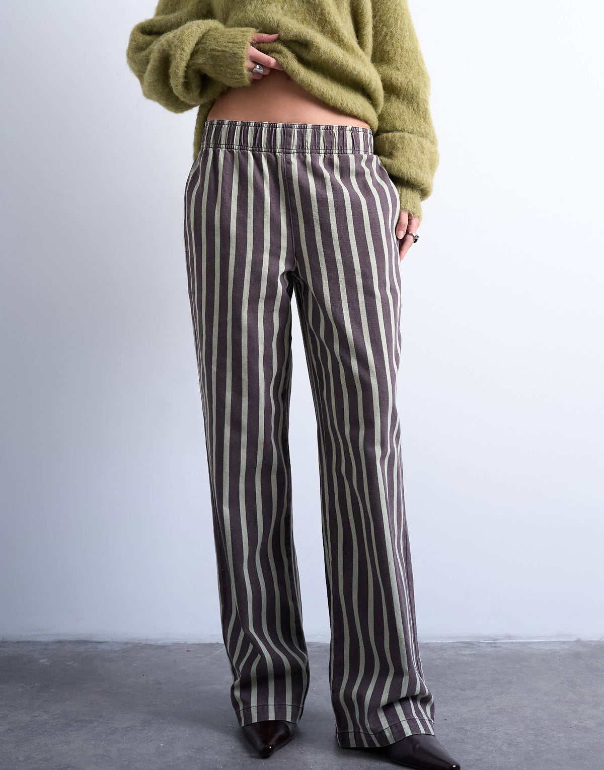 Topshop wide stripe pull on straight leg trouser in green and brown