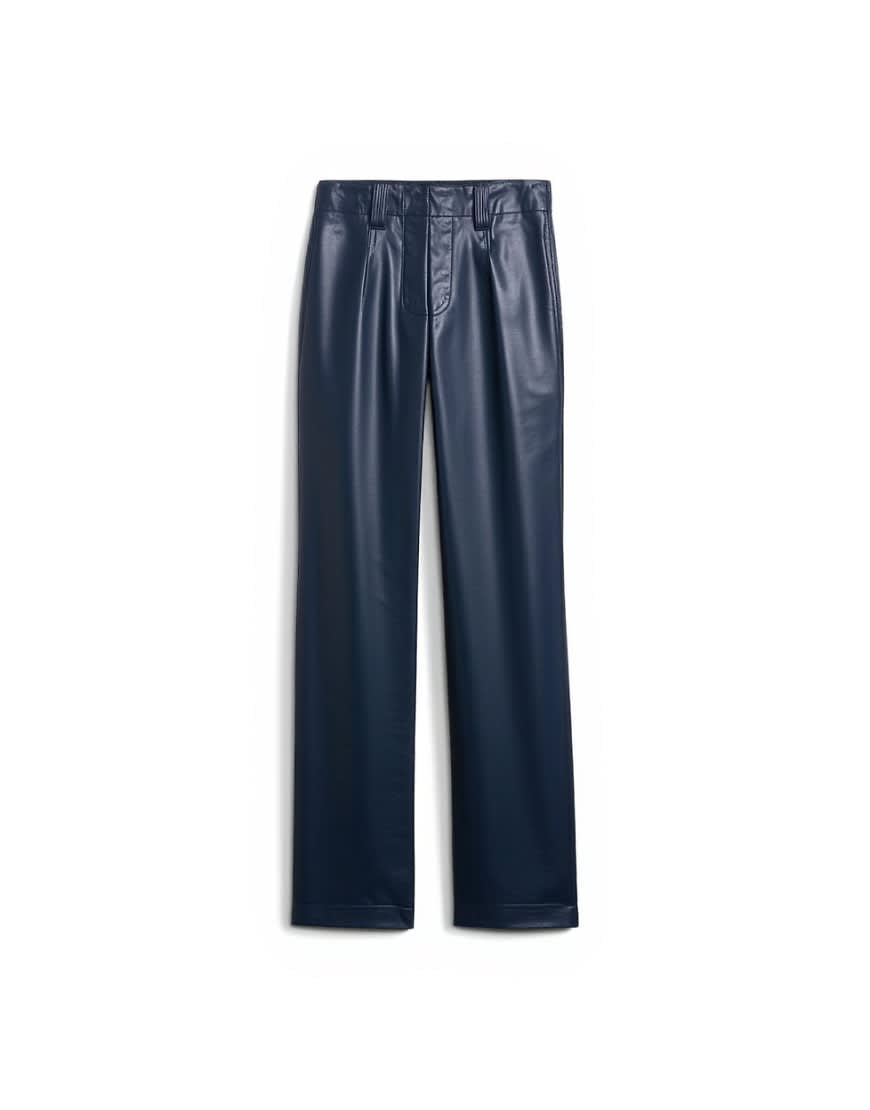 Topshop faux leather high waist pleated straight leg trouser in navy