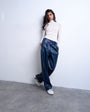 Topshop faux leather high waist pleated straight leg trouser in navy