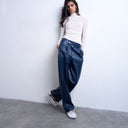 Topshop faux leather high waist pleated straight leg trouser in navy