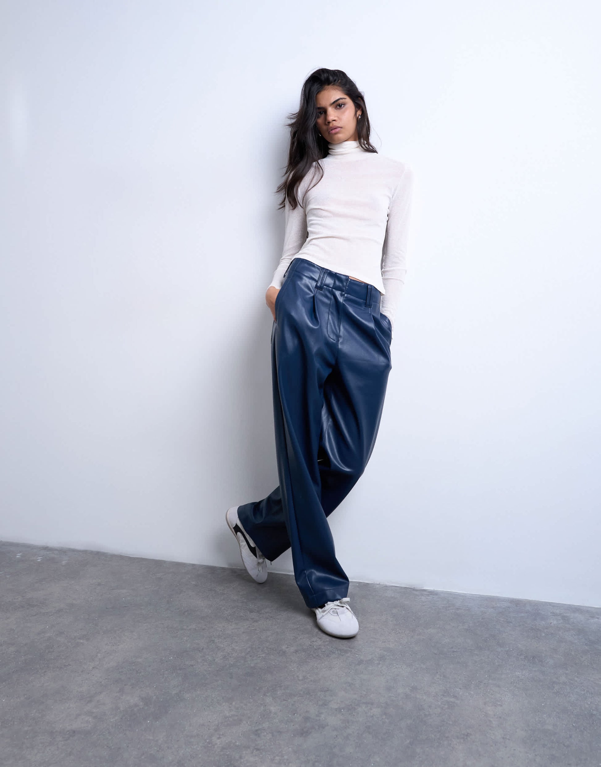 Topshop faux leather high waist pleated straight leg trouser in navy