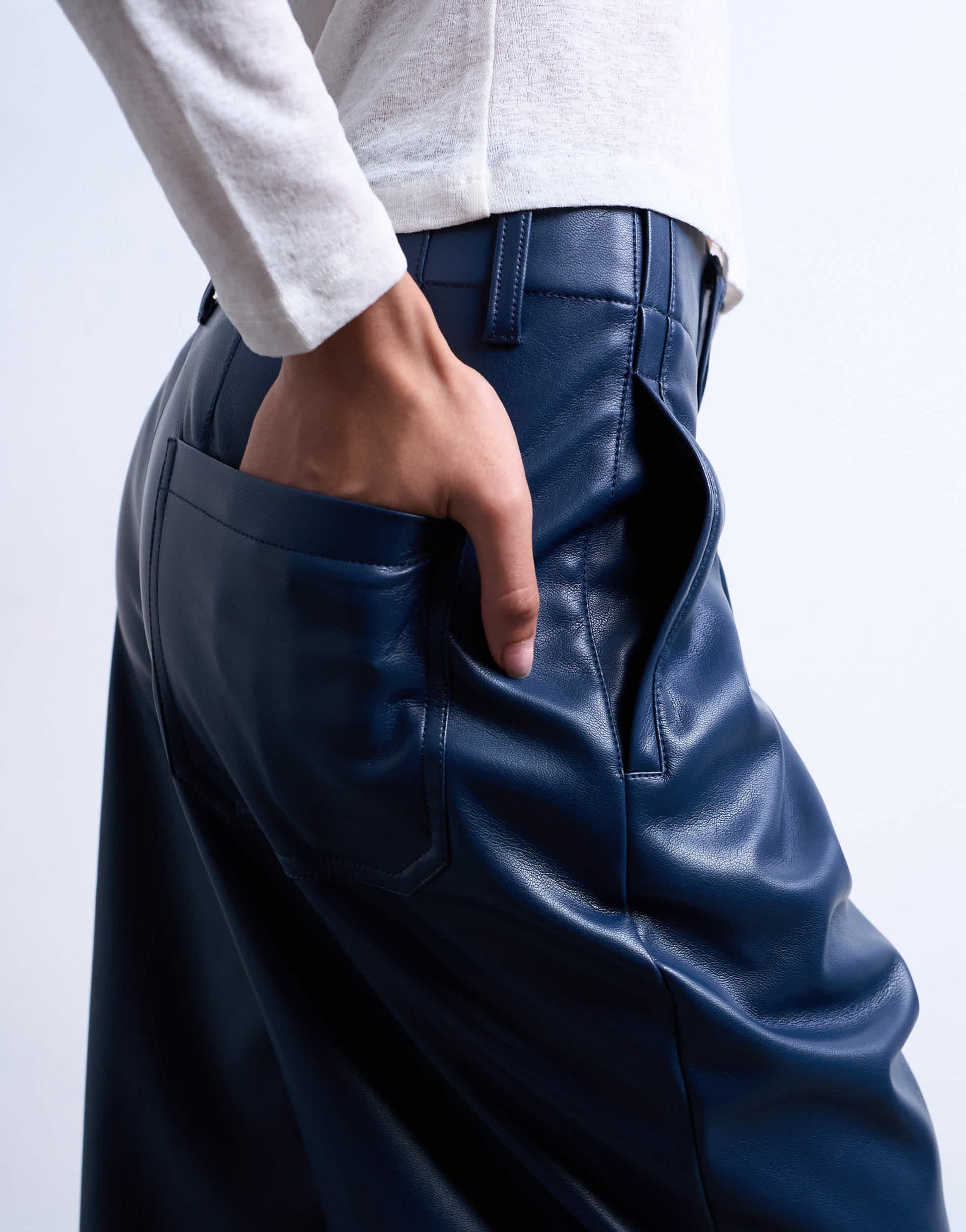 Topshop faux leather high waist pleated straight leg trouser in navy