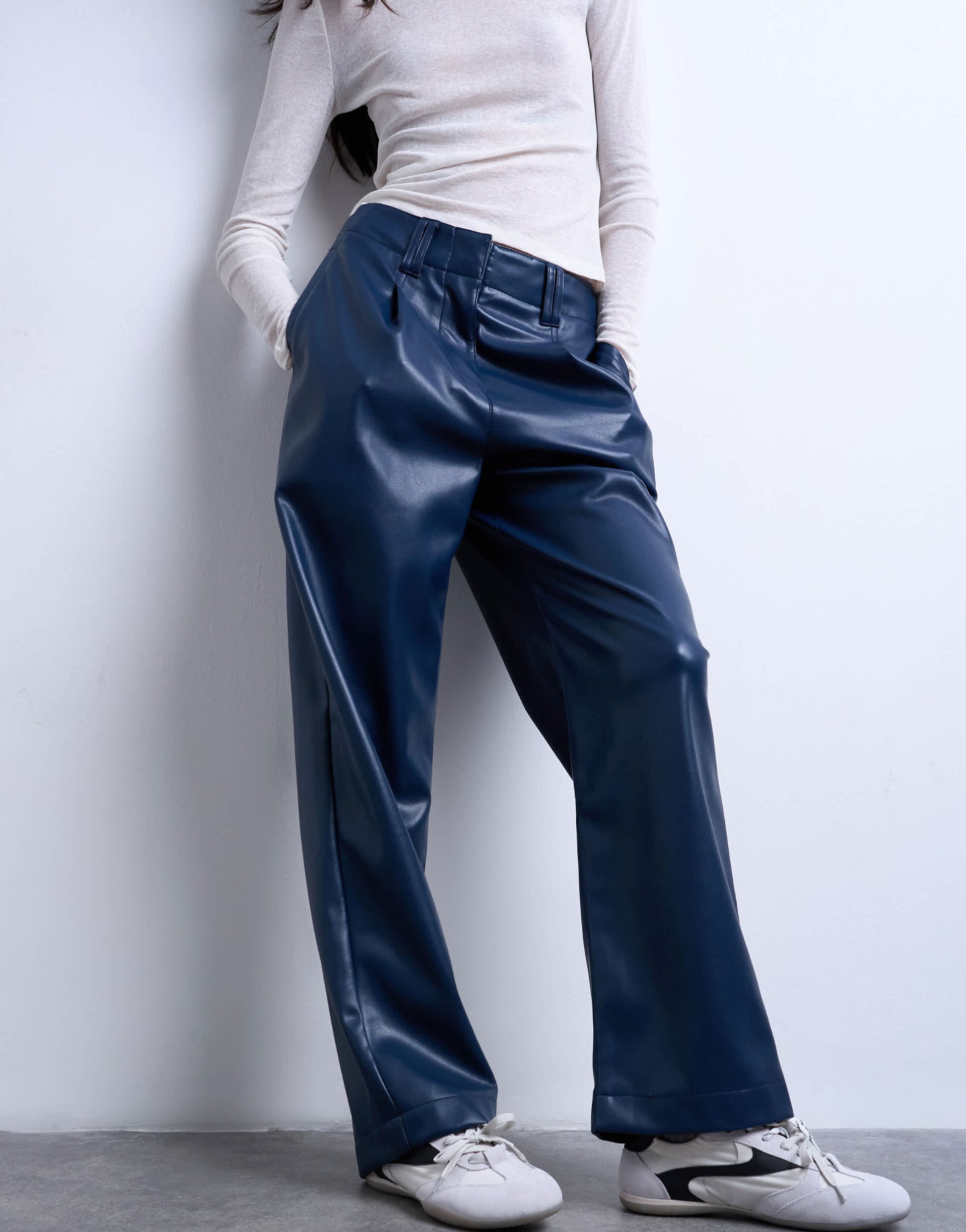 Topshop faux leather high waist pleated straight leg trouser in navy