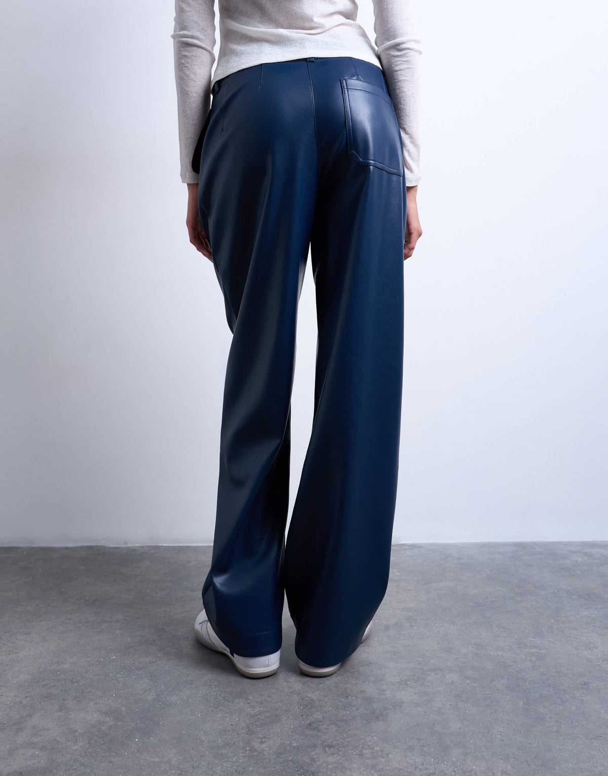 Topshop faux leather high waist pleated straight leg trouser in navy