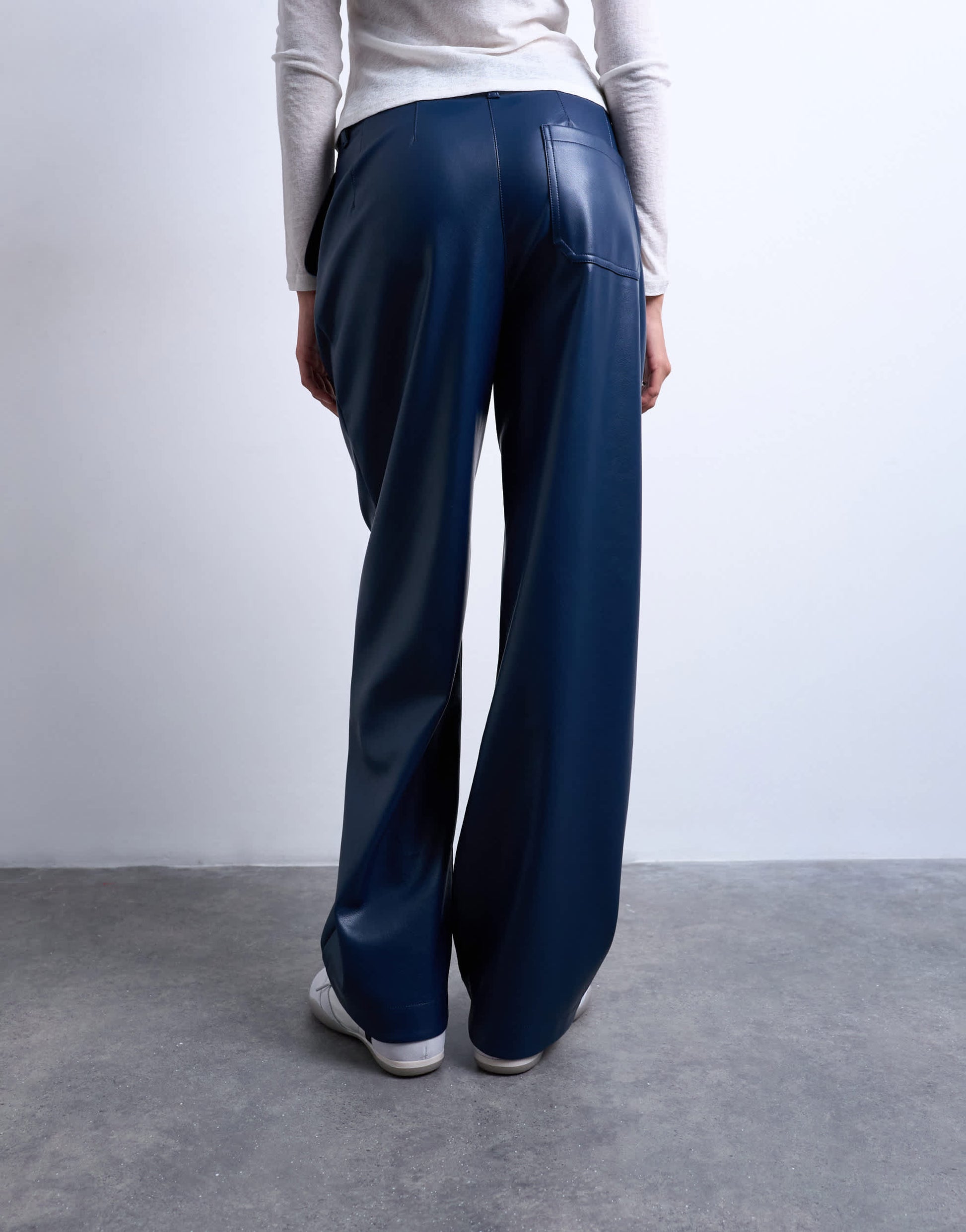 Topshop faux leather high waist pleated straight leg trouser in navy