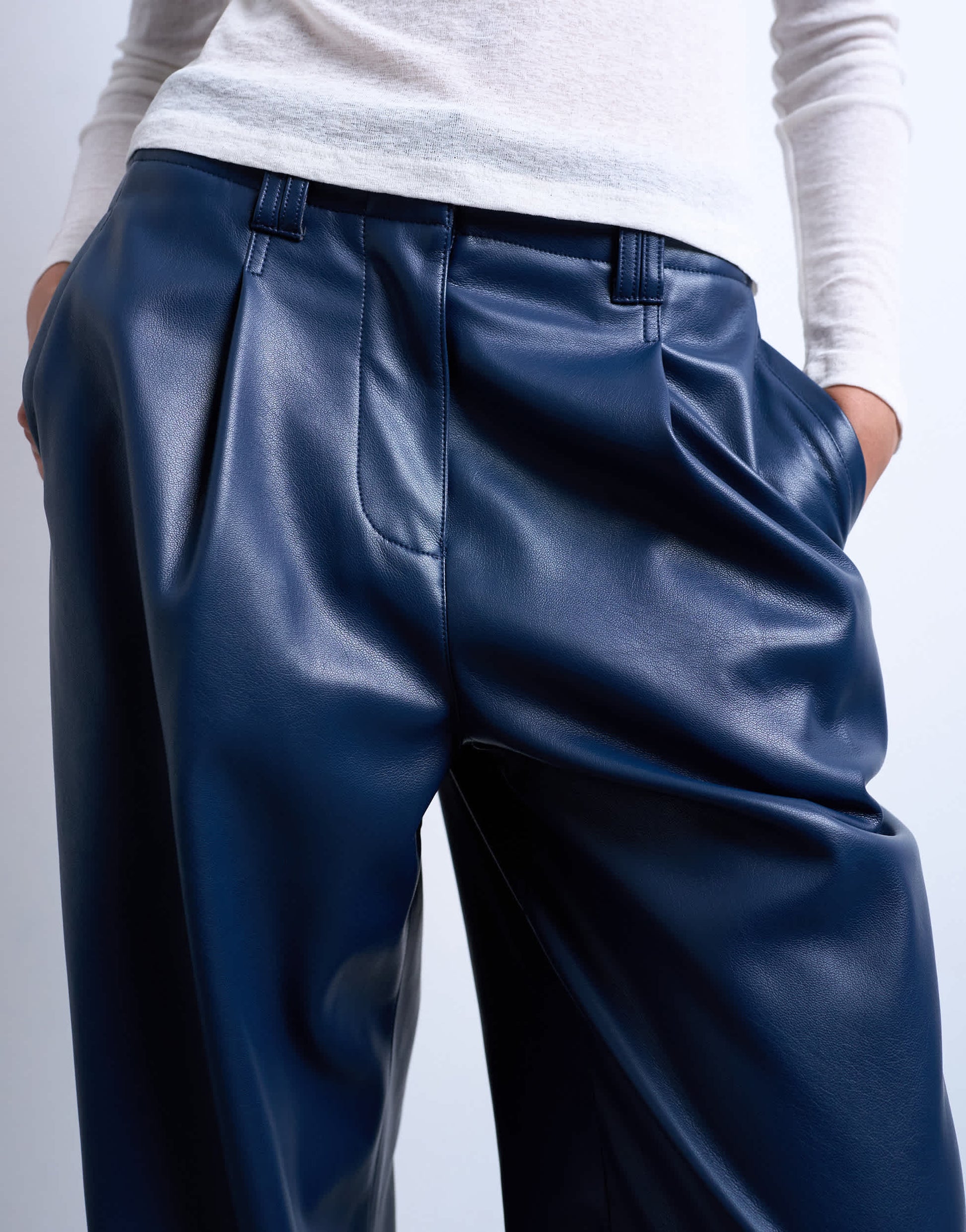Topshop faux leather high waist pleated straight leg trouser in navy