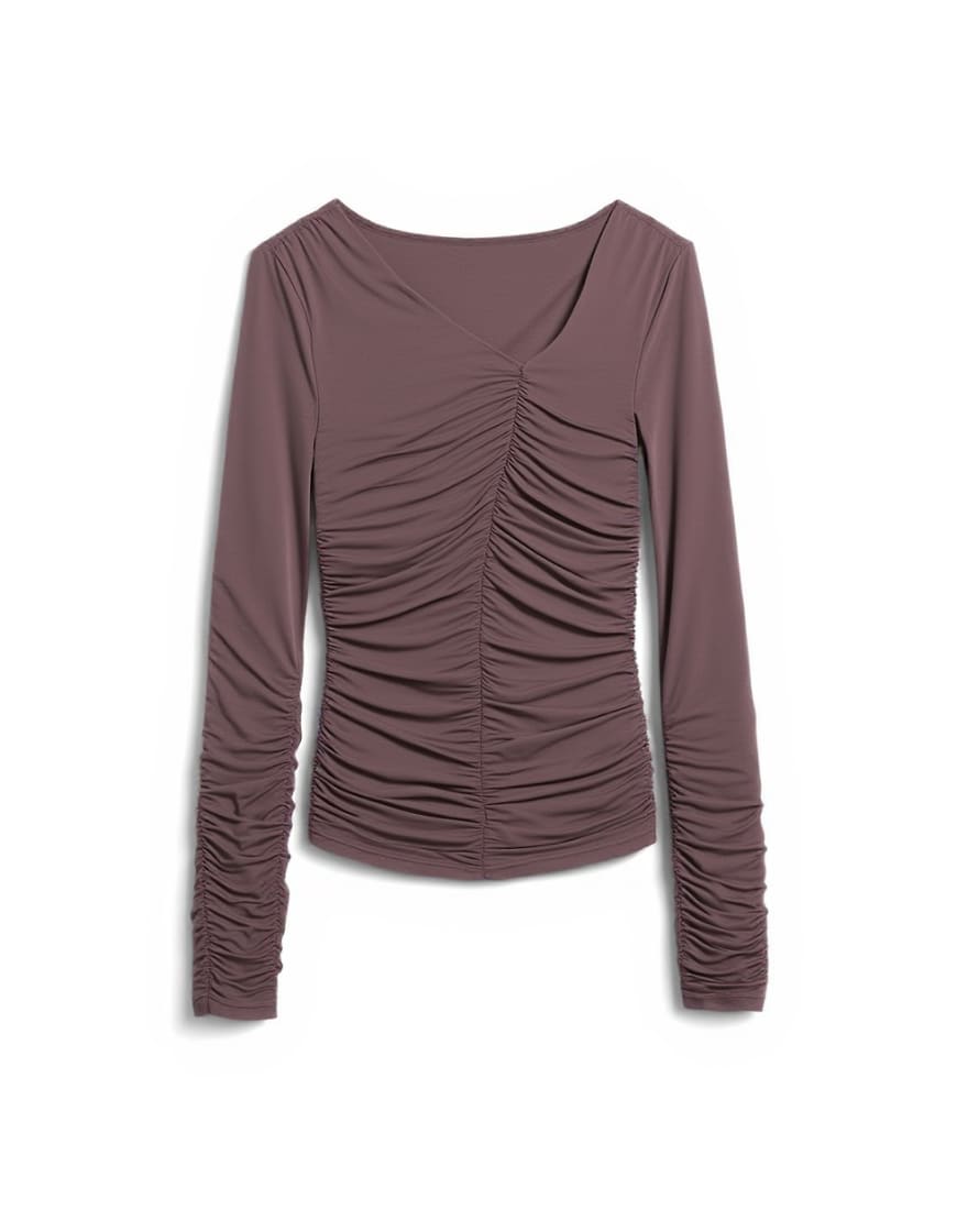 Topshop asymmetric ruched long sleeve top in brown