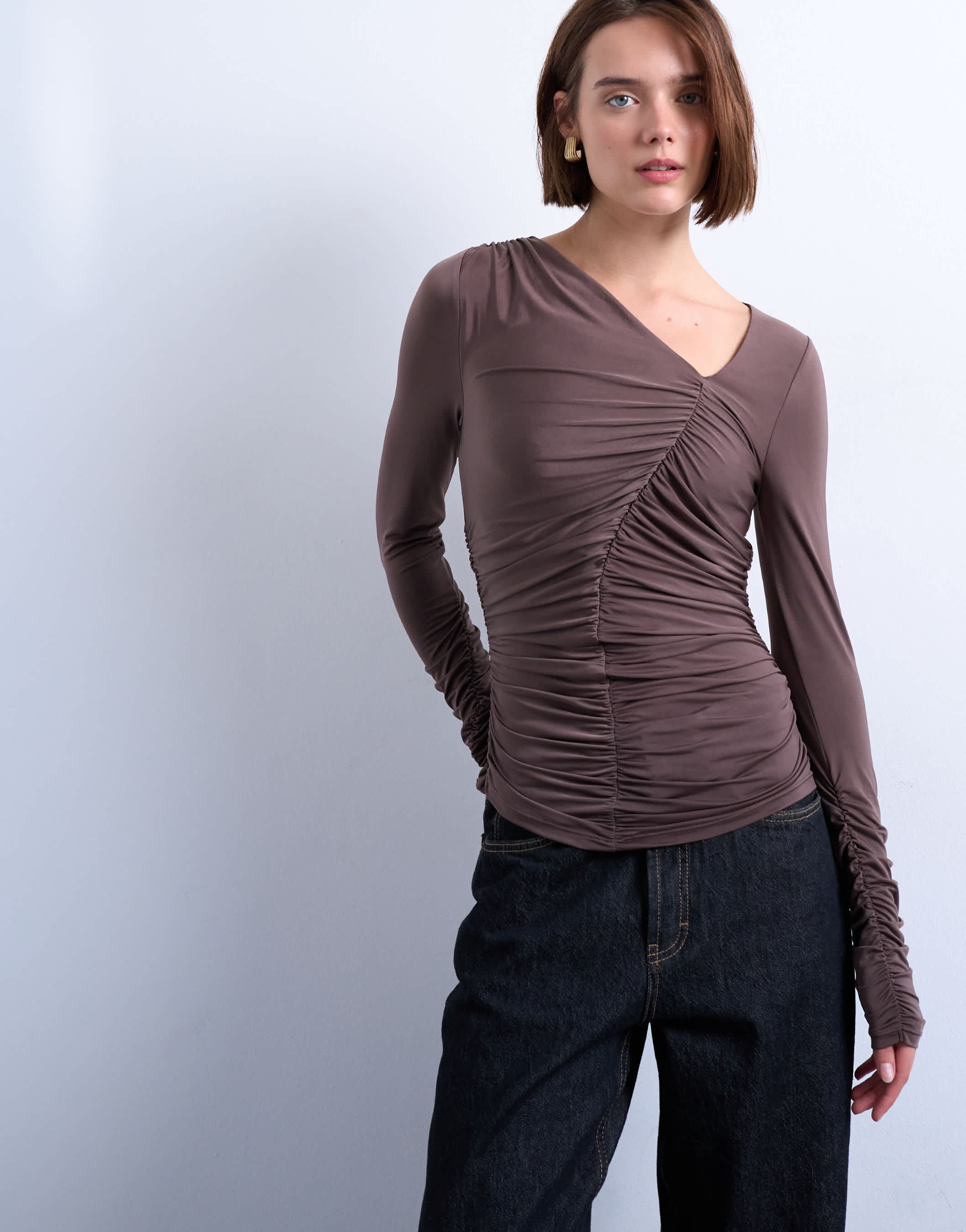 Topshop asymmetric ruched long sleeve top in brown
