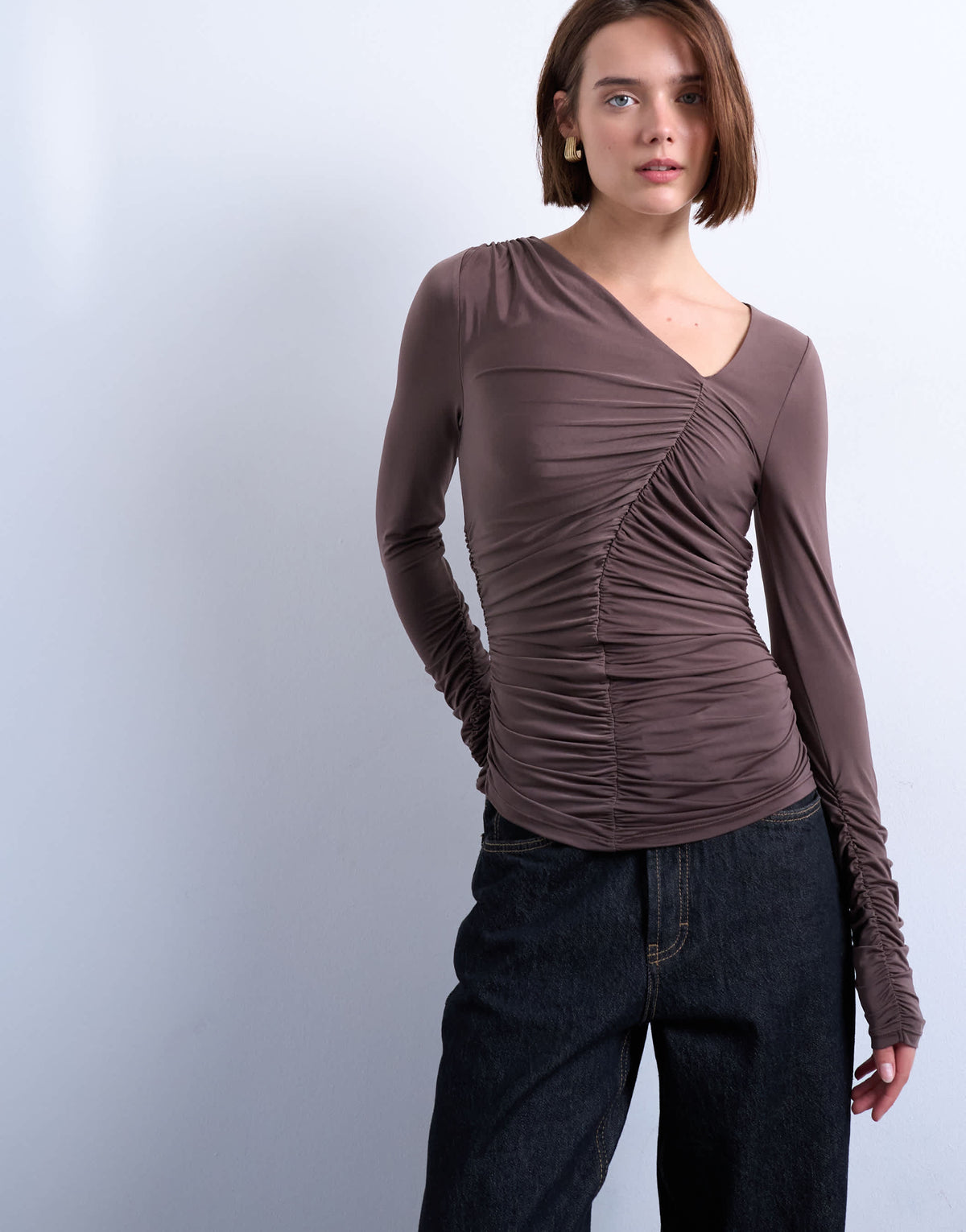 Topshop asymmetric ruched long sleeve top in brown